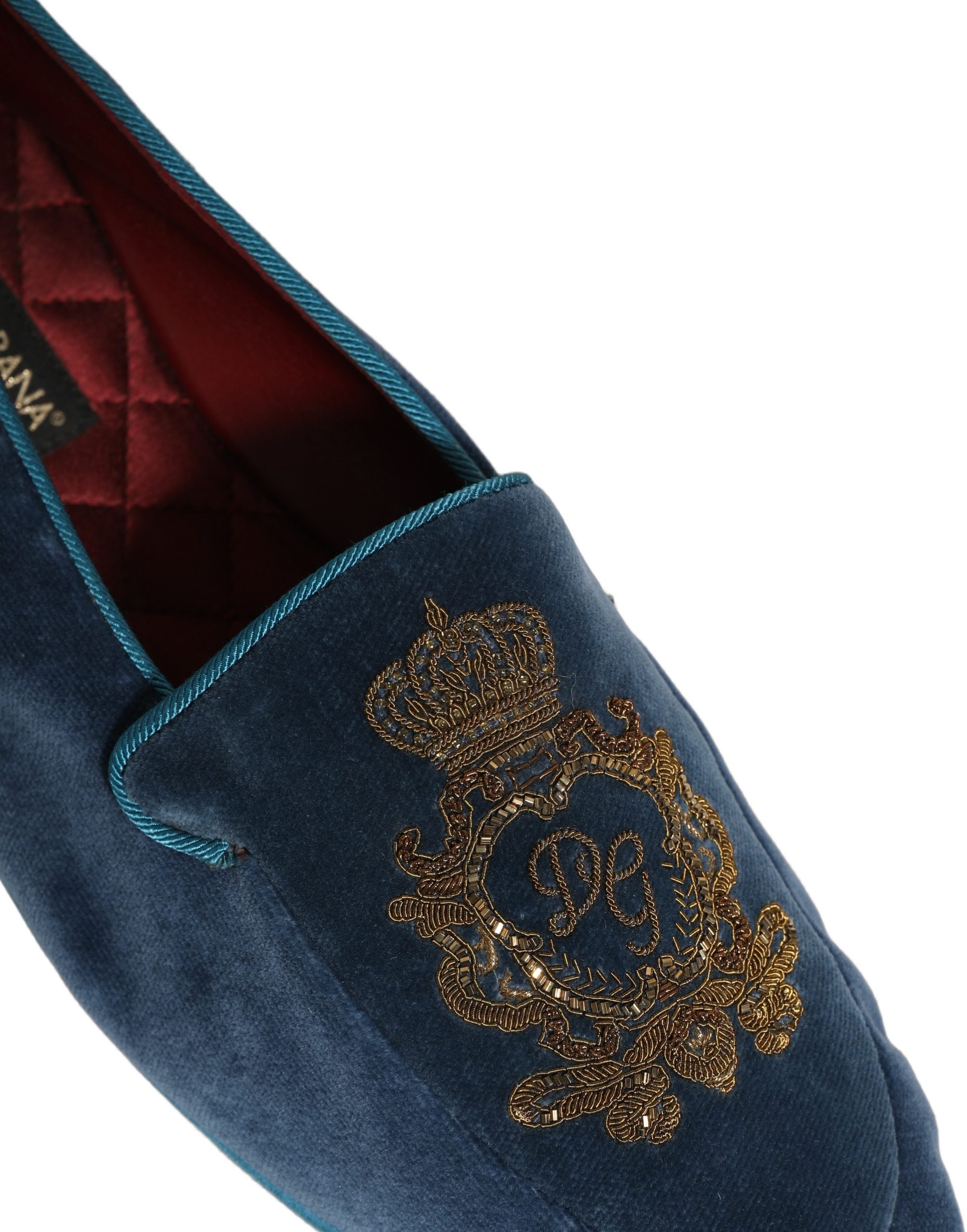 Dolce & Gabbana Blue Velvet Crown Embroidery Loafers Shoes Dolce & Gabbana
