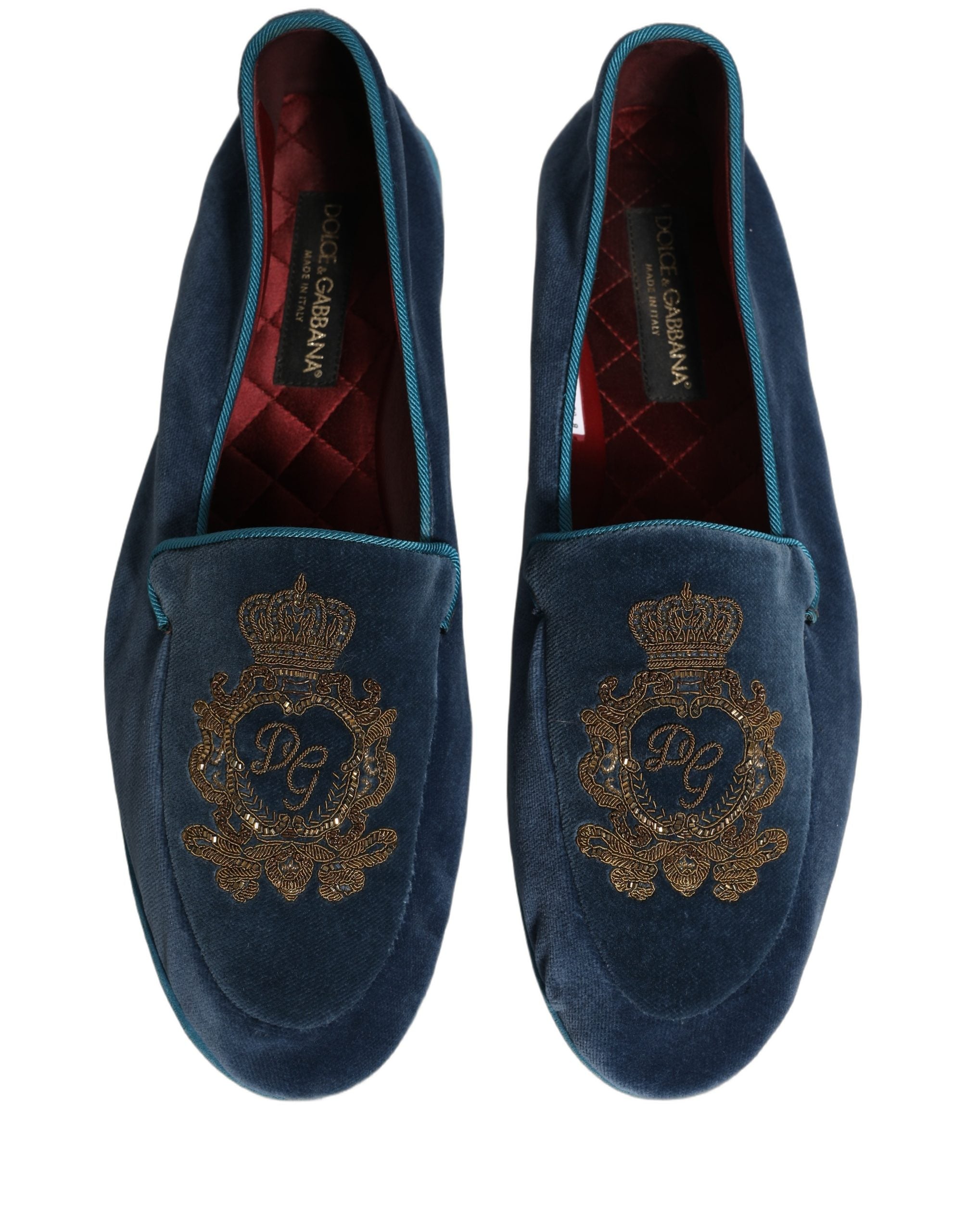 Dolce & Gabbana Blue Velvet Crown Embroidery Loafers Shoes Dolce & Gabbana