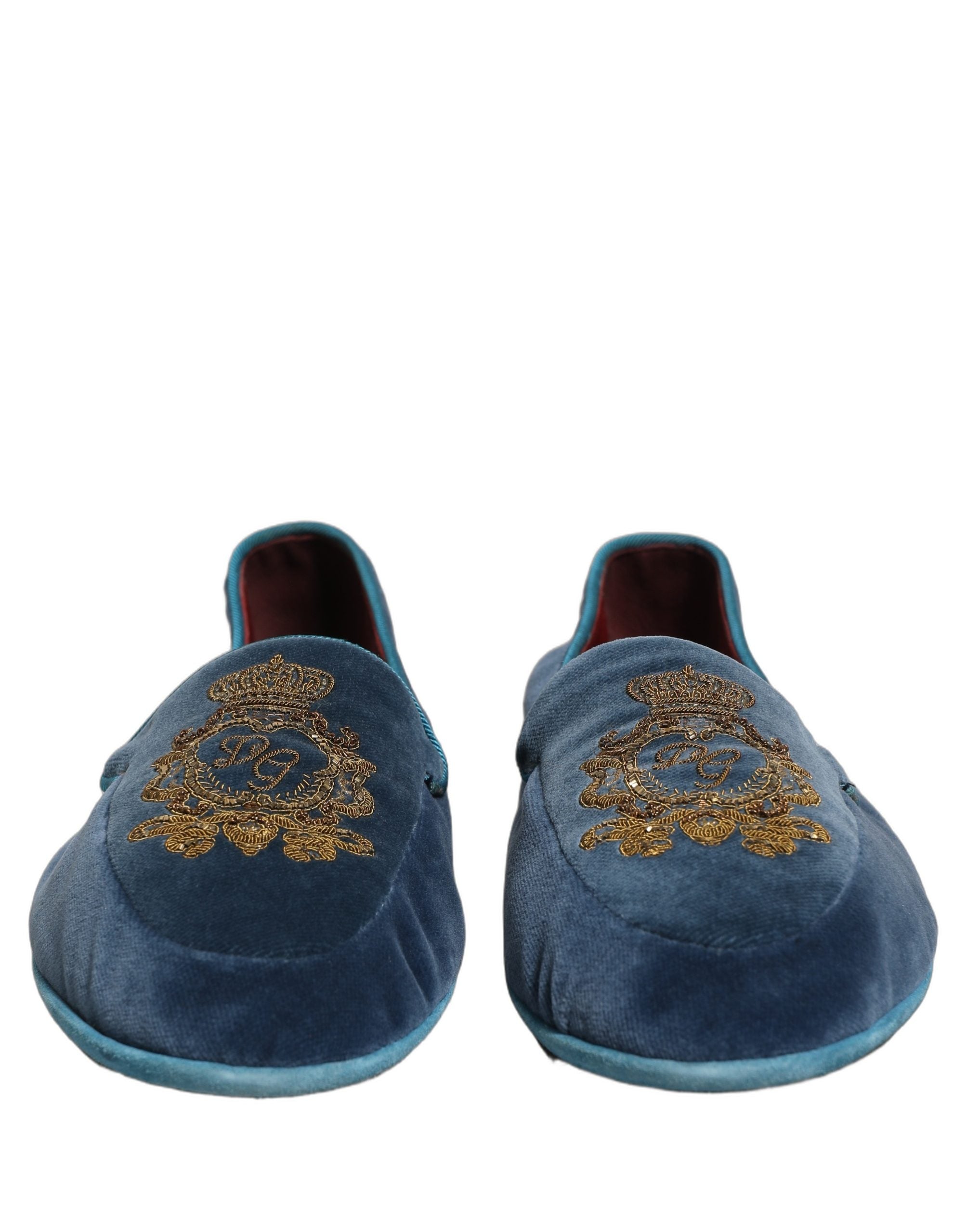 Dolce & Gabbana Blue Velvet Crown Embroidery Loafers Shoes Dolce & Gabbana