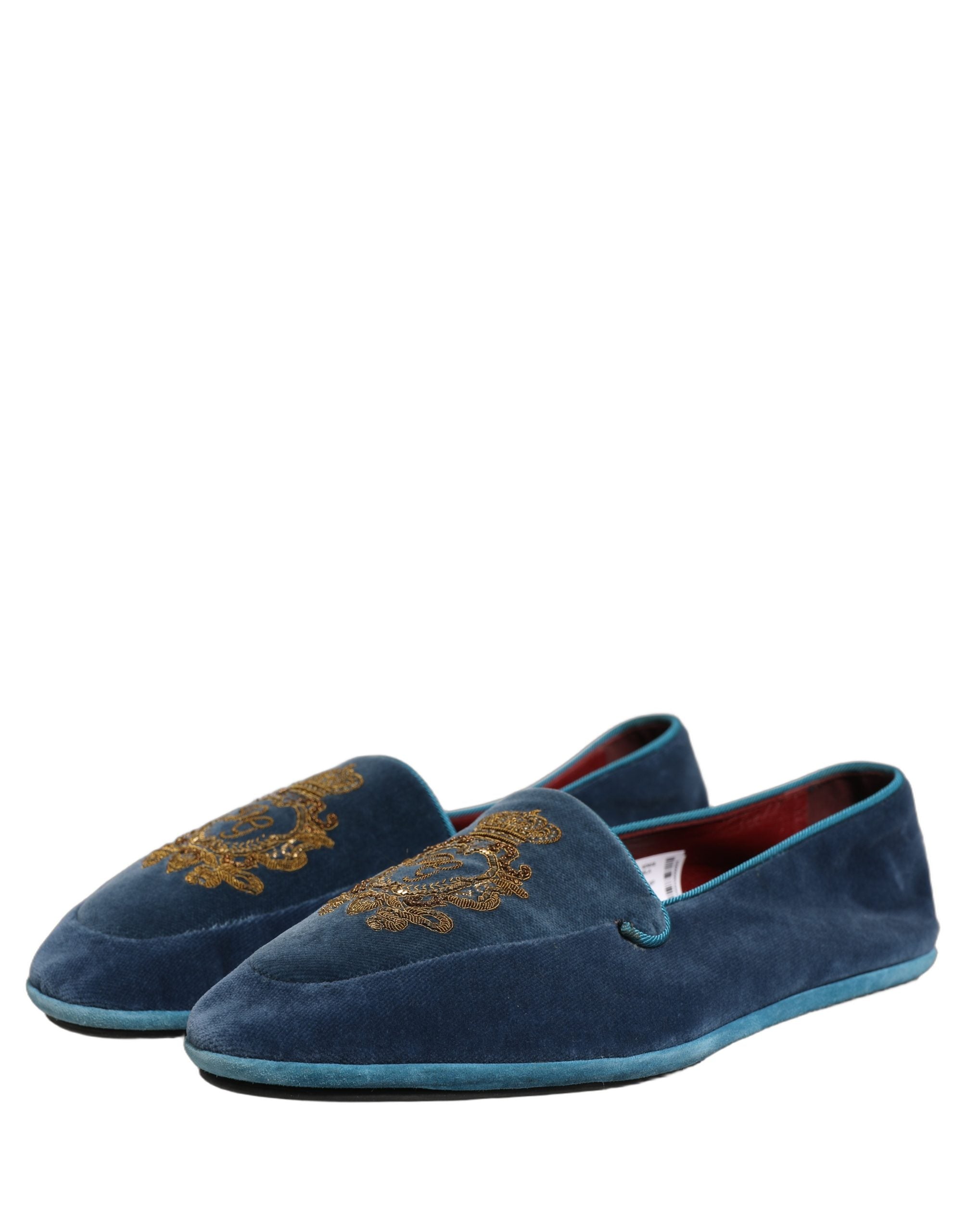Dolce & Gabbana Blue Velvet Crown Embroidery Loafers Shoes Dolce & Gabbana