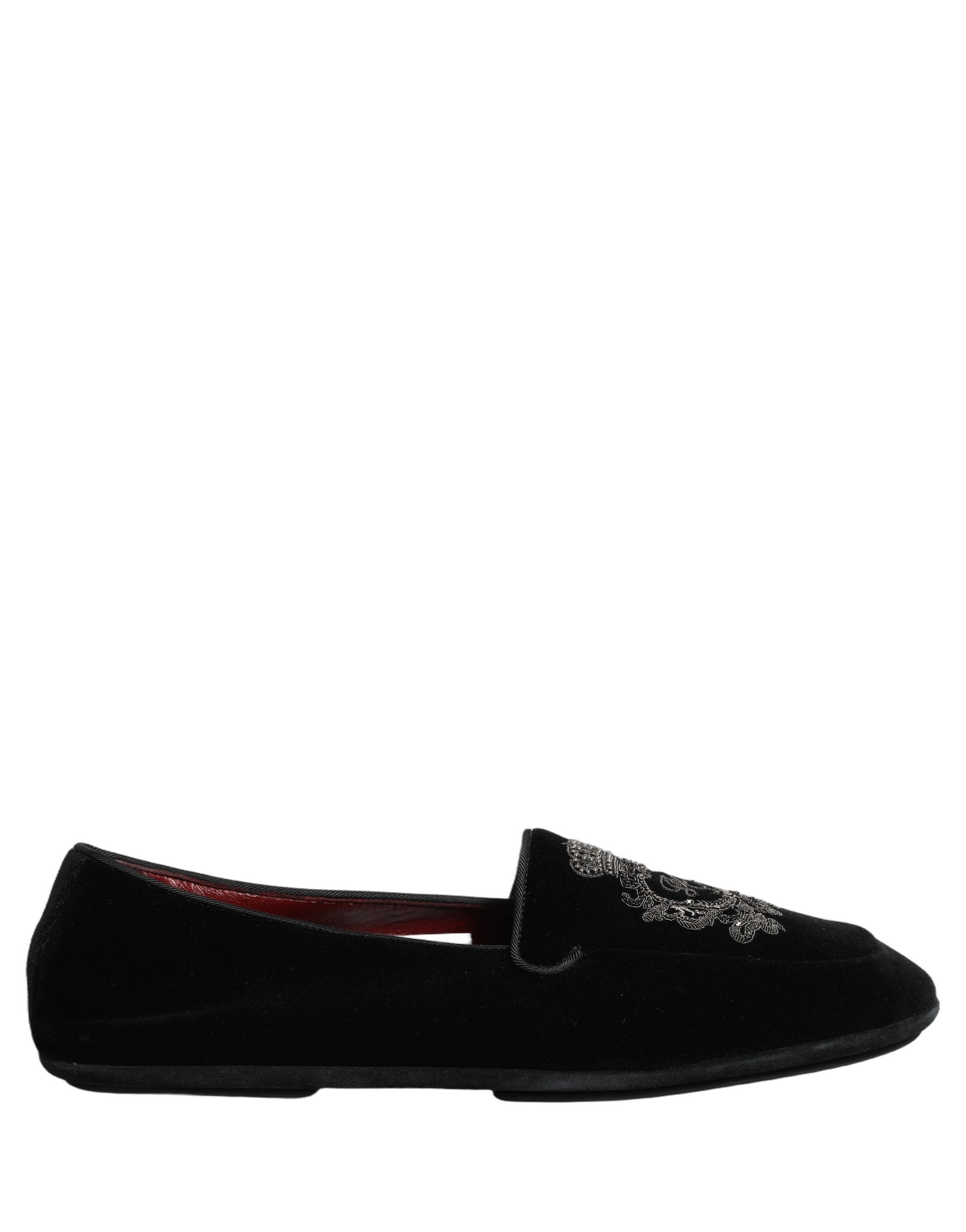 Dolce & Gabbana Black Velvet Crown Embroidery Loafers Shoes Dolce & Gabbana
