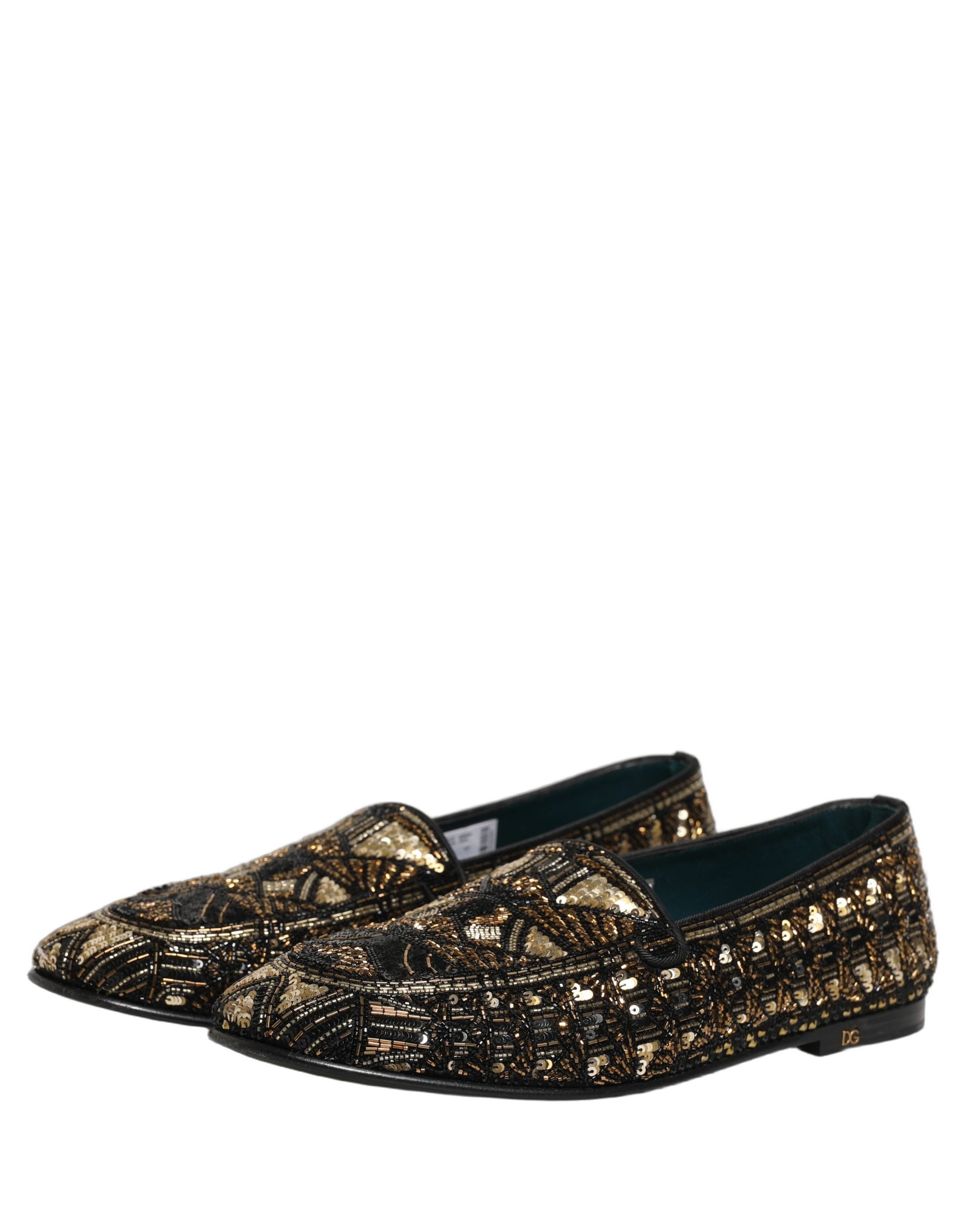 Dolce & Gabbana Black Gold Embellished Slip On Loafers Shoes Dolce & Gabbana