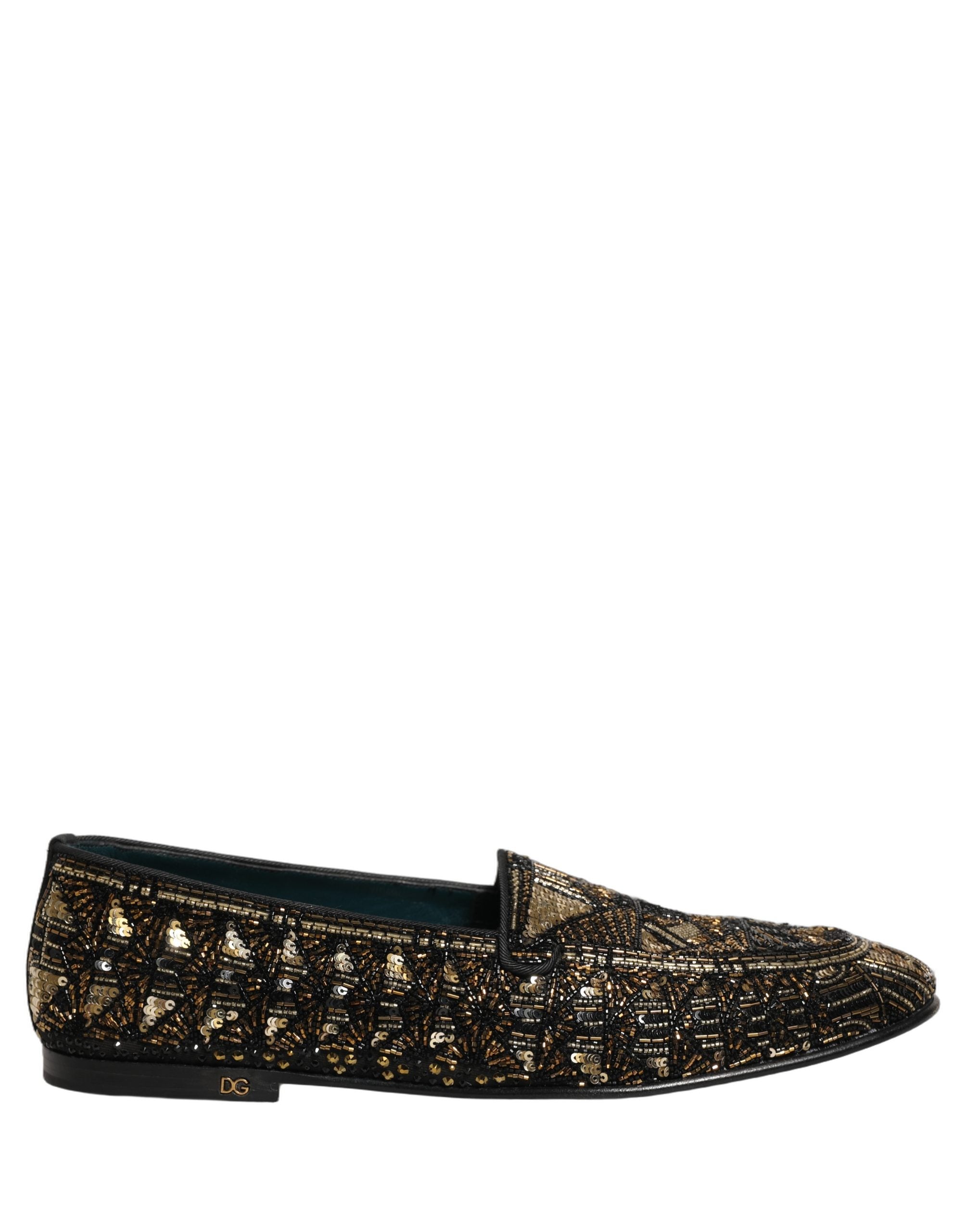 Dolce & Gabbana Black Gold Embellished Slip On Loafers Shoes Dolce & Gabbana