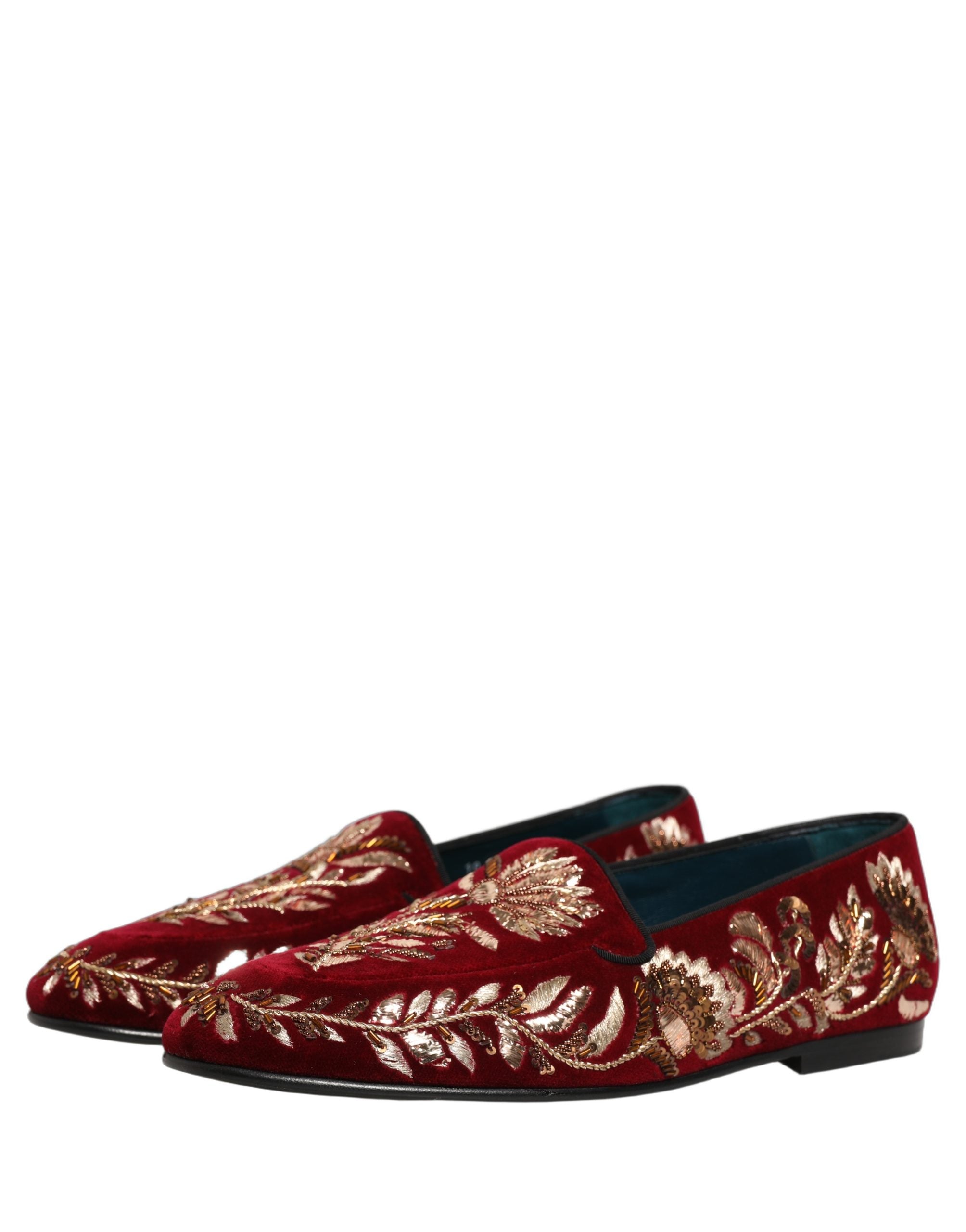Dolce & Gabbana Red Velvet Floral Embroidery Loafers Shoes Dolce & Gabbana
