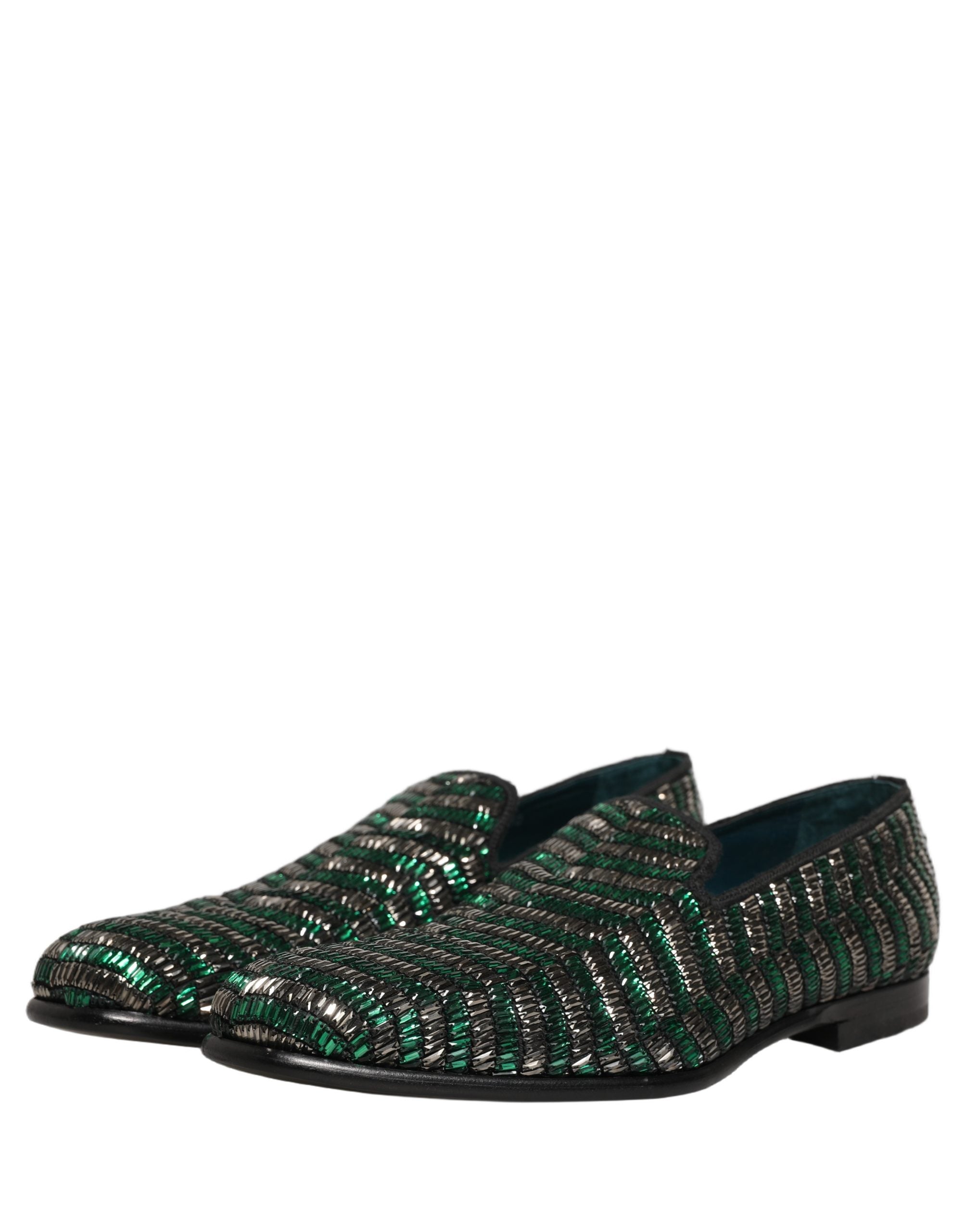 Dolce & Gabbana Silver Green Embellished Dress Loafers Shoes Dolce & Gabbana