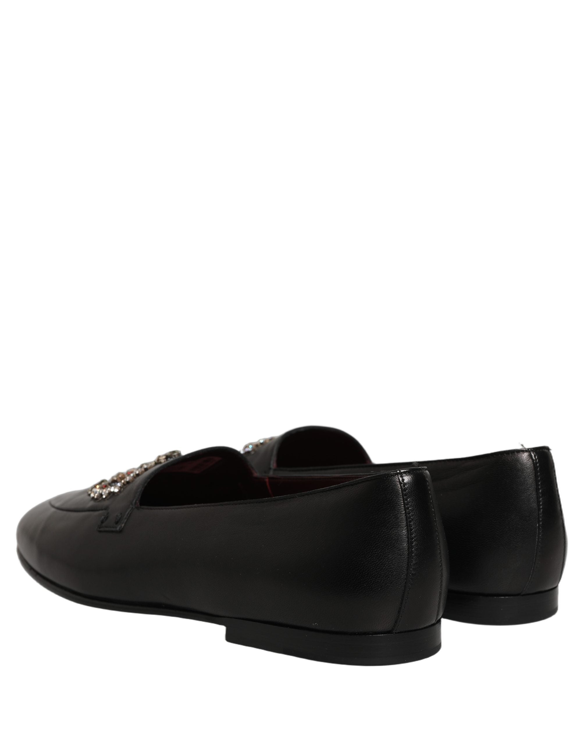 Dolce & Gabbana Black Leather Crown Embellished Loafers Shoes Dolce & Gabbana