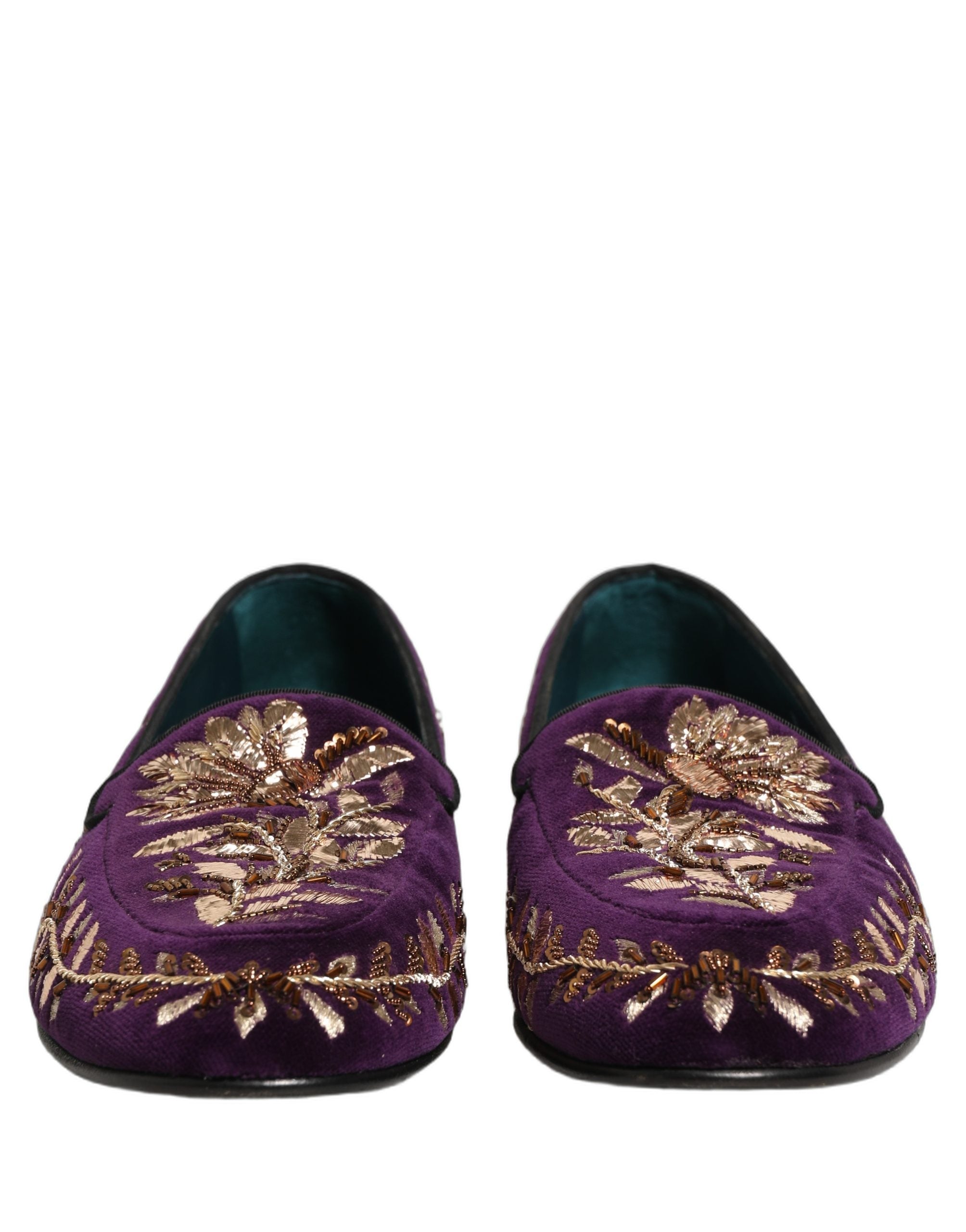 Dolce & Gabbana Violet Velvet Floral Embroidery Loafers Shoes Dolce & Gabbana
