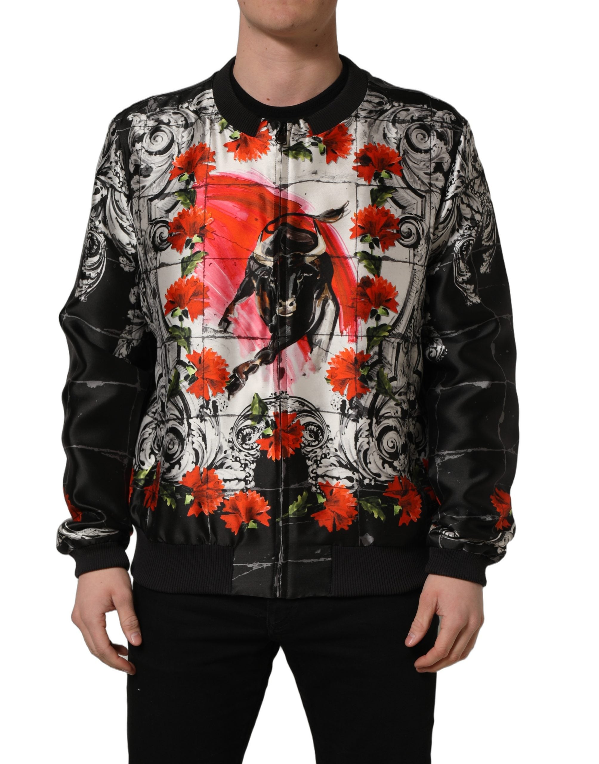 Dolce & Gabbana Multicolor Majolica Bull Print Bomber Jacket Dolce & Gabbana