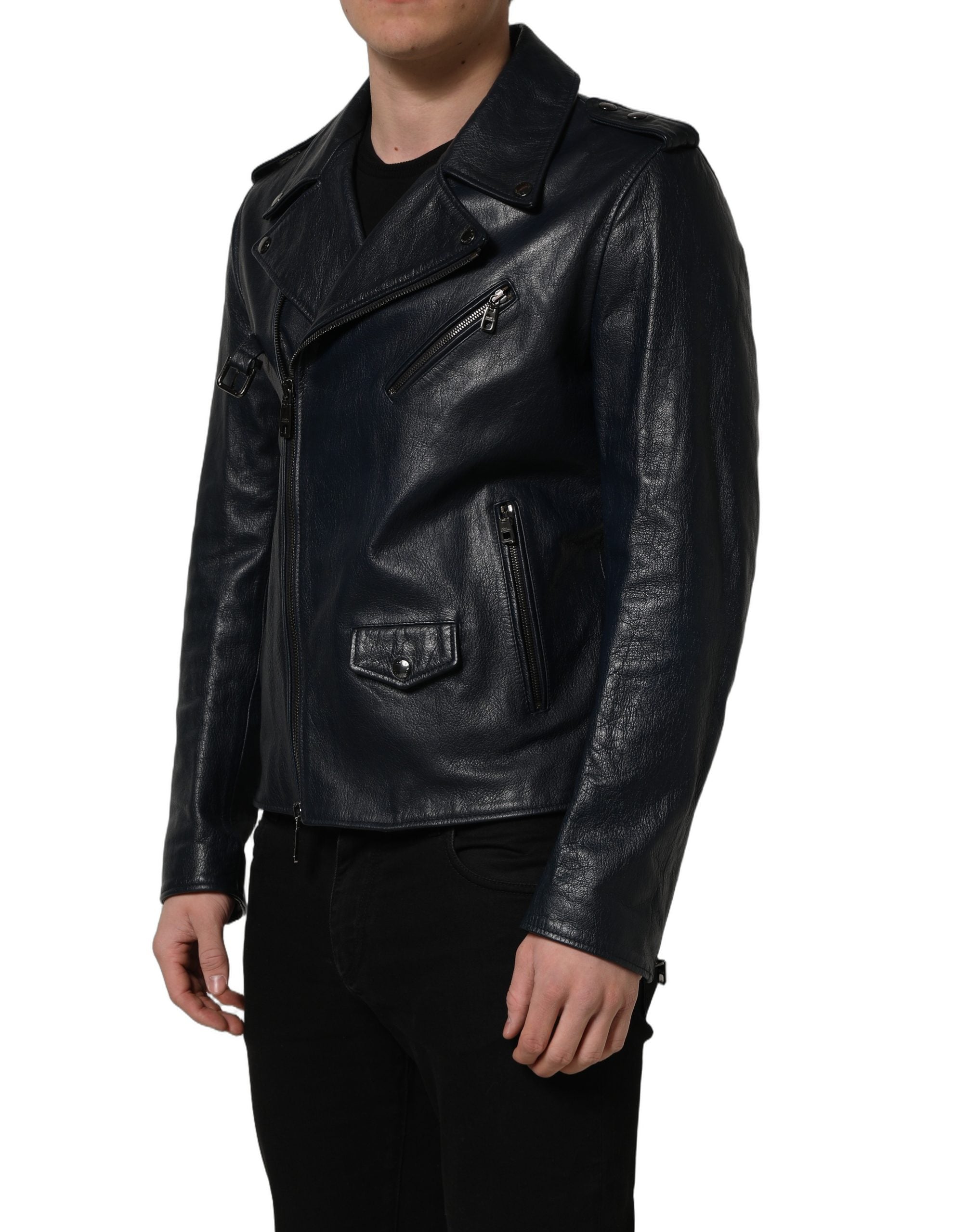 Dolce & Gabbana Black Leather Men Biker Coat Goatskin Jacket Dolce & Gabbana