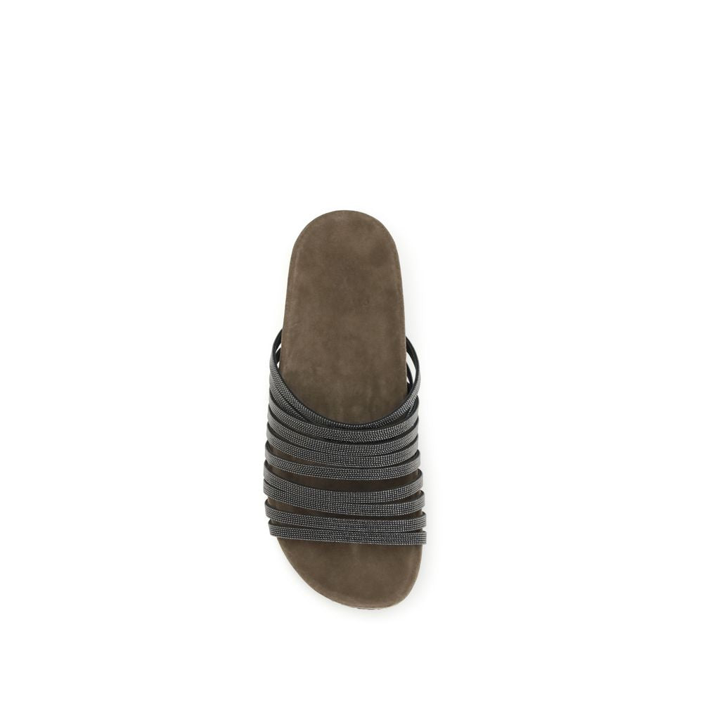 Brunello Cucinelli Black Calf Leather Bos Taurus Flat Sandals Brunello Cucinelli