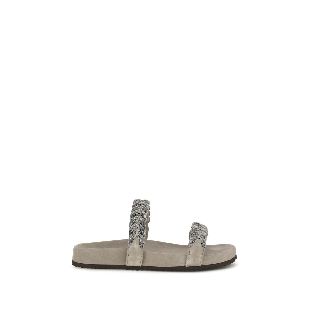 Brunello Cucinelli Gray Calf Leather Bos Taurus Flat Sandals Brunello Cucinelli