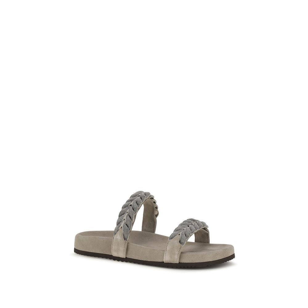 Brunello Cucinelli Gray Calf Leather Bos Taurus Flat Sandals Brunello Cucinelli