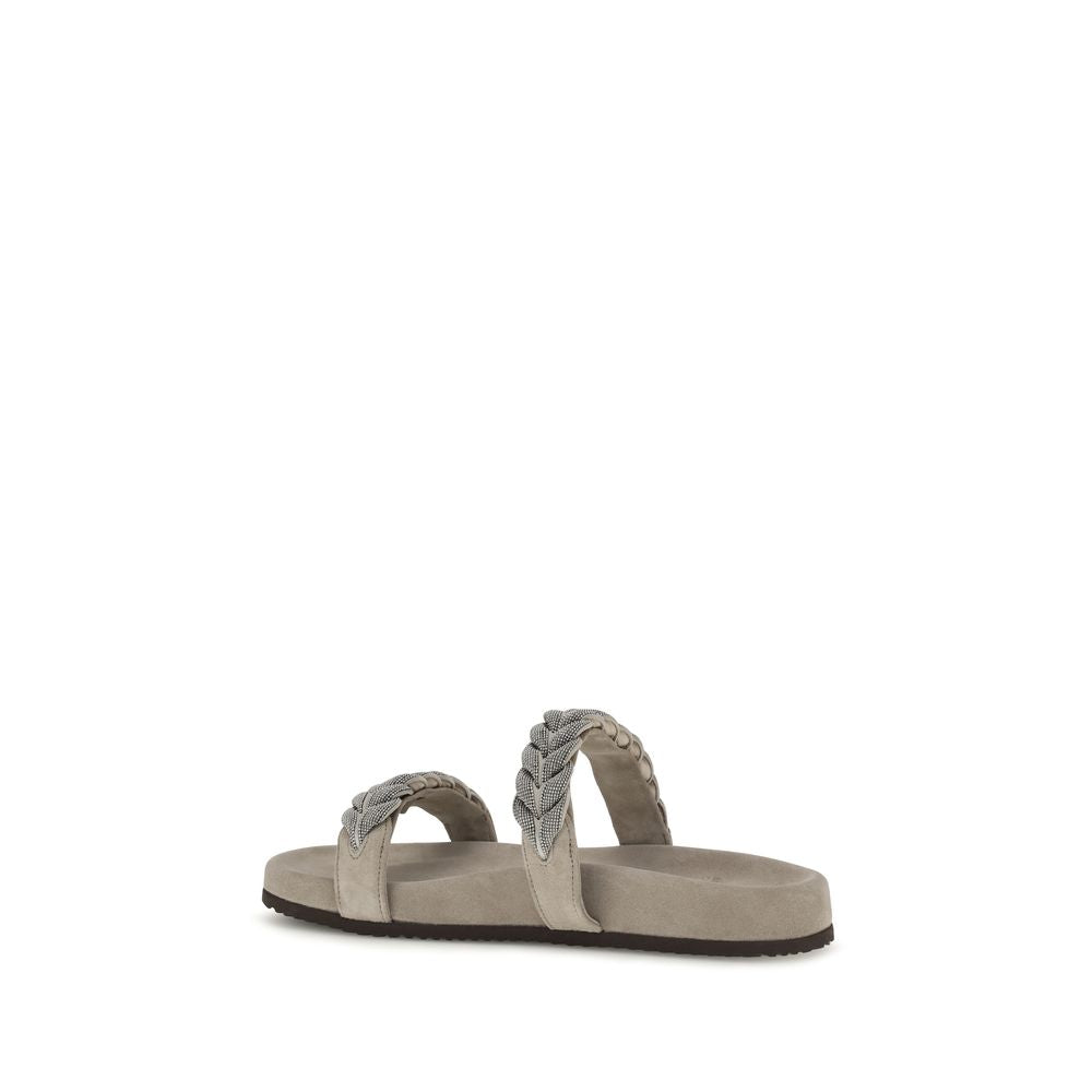 Brunello Cucinelli Gray Calf Leather Bos Taurus Flat Sandals Brunello Cucinelli