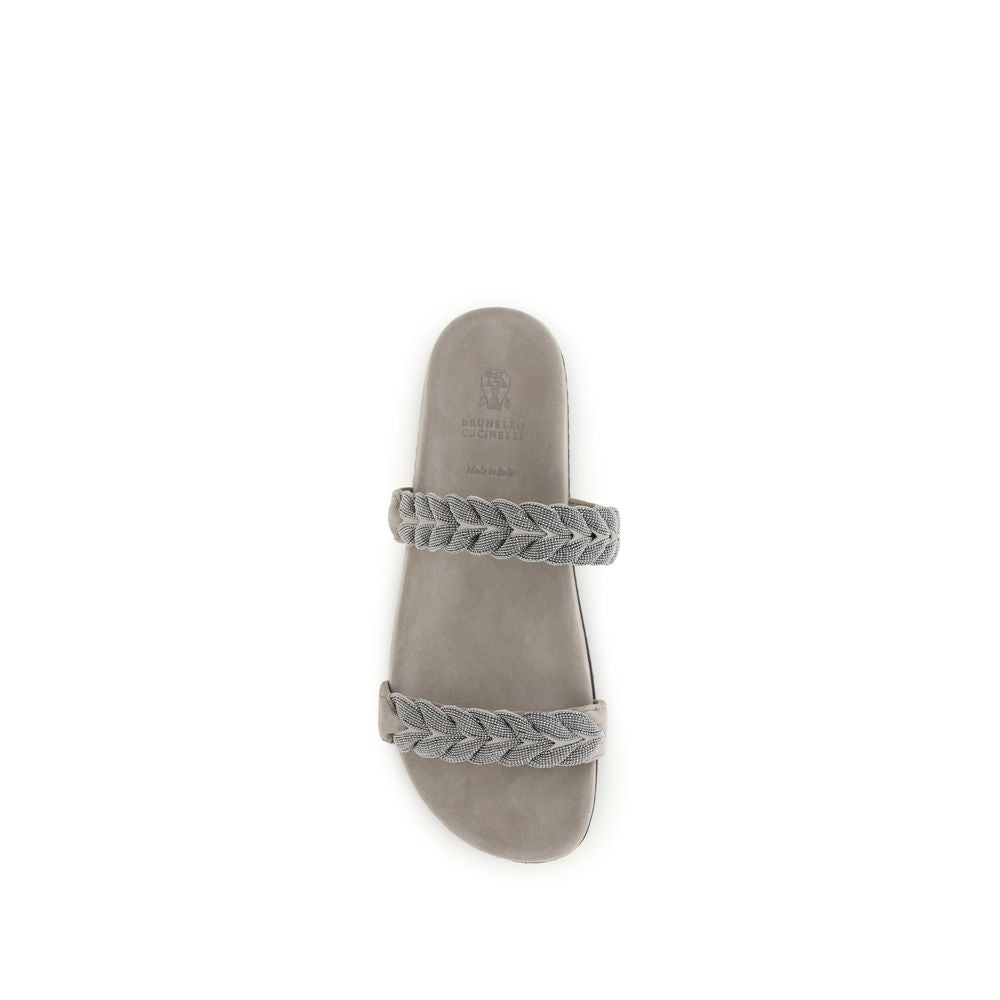Brunello Cucinelli Gray Calf Leather Bos Taurus Flat Sandals Brunello Cucinelli