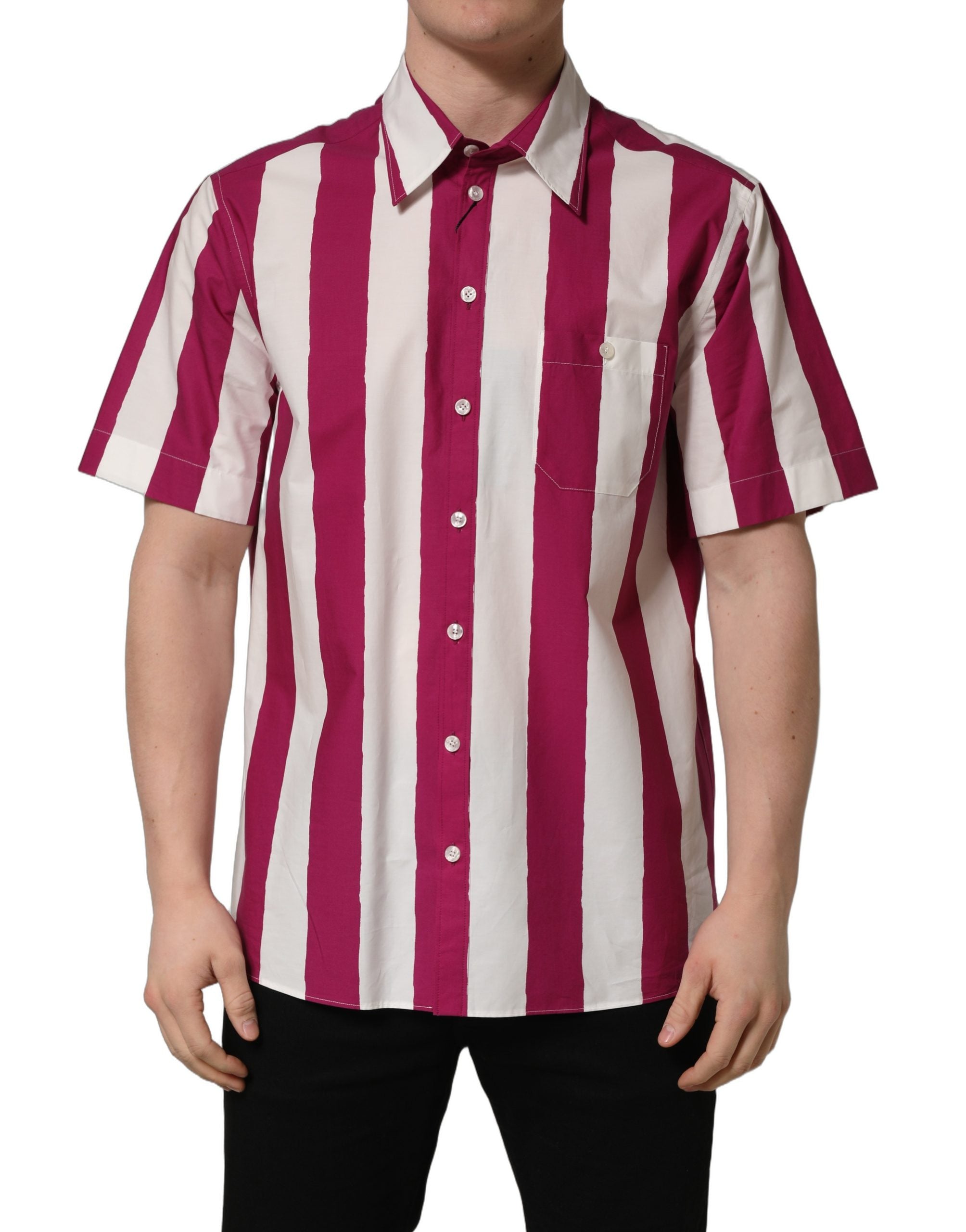 Dolce & Gabbana White Maroon Striped Men Short Sleeves Shirt Dolce & Gabbana