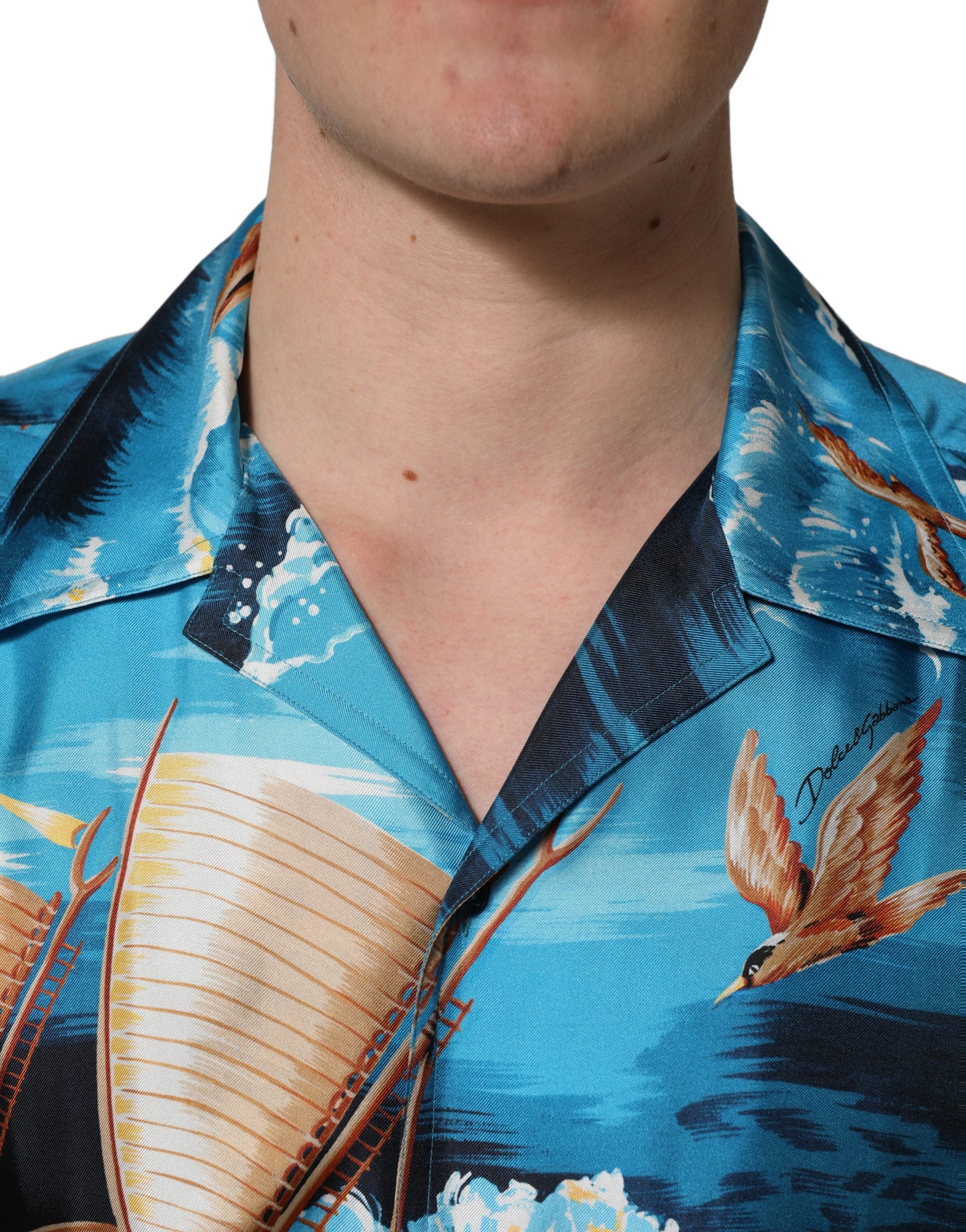 Dolce & Gabbana Blue Silk Twill Hawaiian GraphicPrint Shirt Dolce & Gabbana