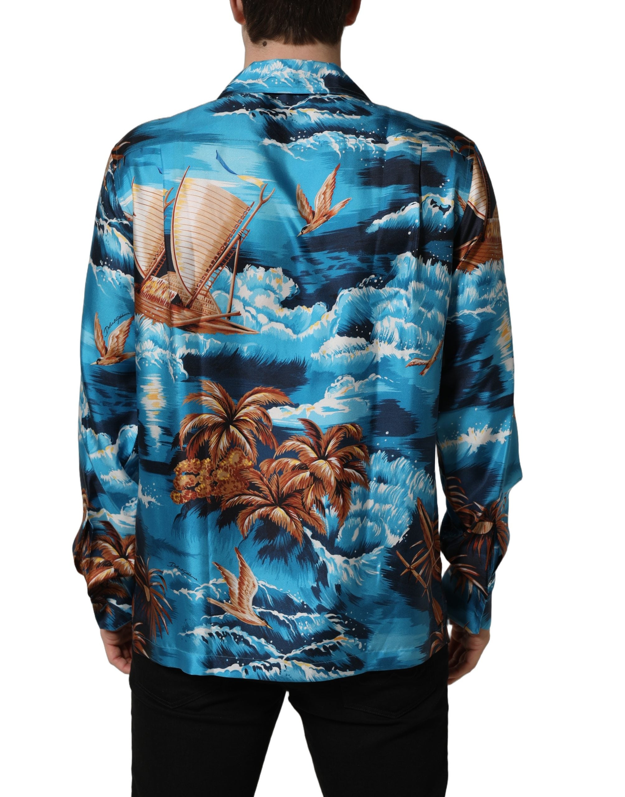 Dolce & Gabbana Blue Silk Twill Hawaiian GraphicPrint Shirt Dolce & Gabbana