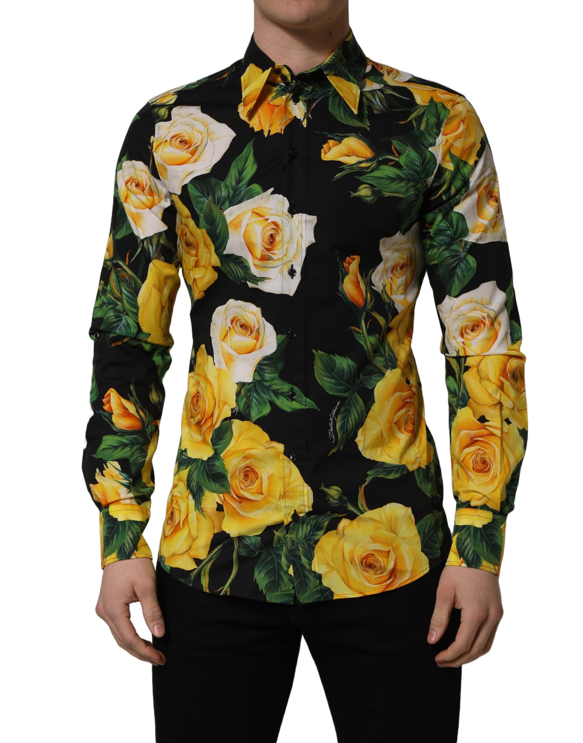 Dolce & Gabbana Black Floral Stretch Cotton SICILIA Fit Dress Shirt Dolce & Gabbana