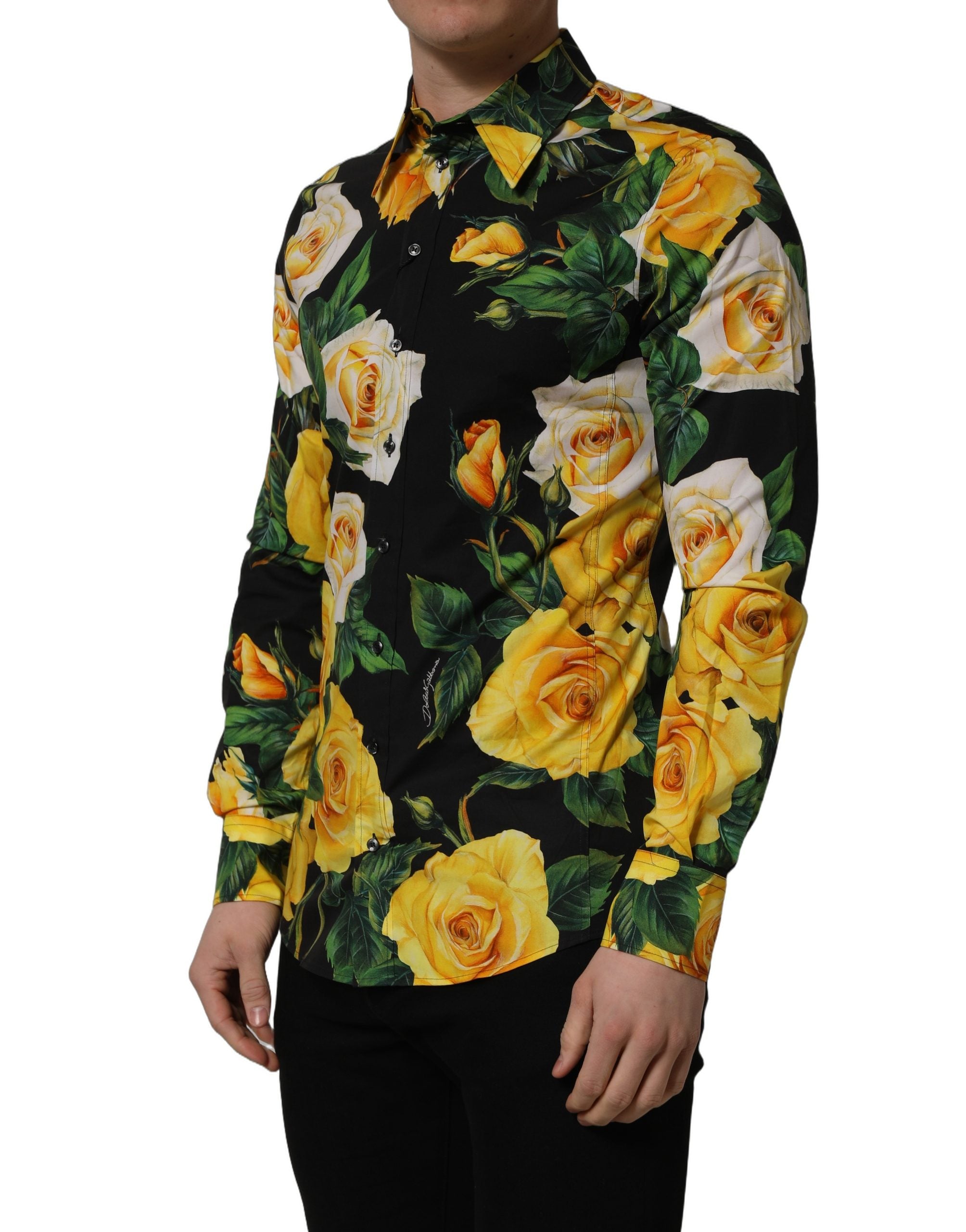 Dolce & Gabbana Black Floral Stretch Cotton SICILIA Fit Dress Shirt Dolce & Gabbana