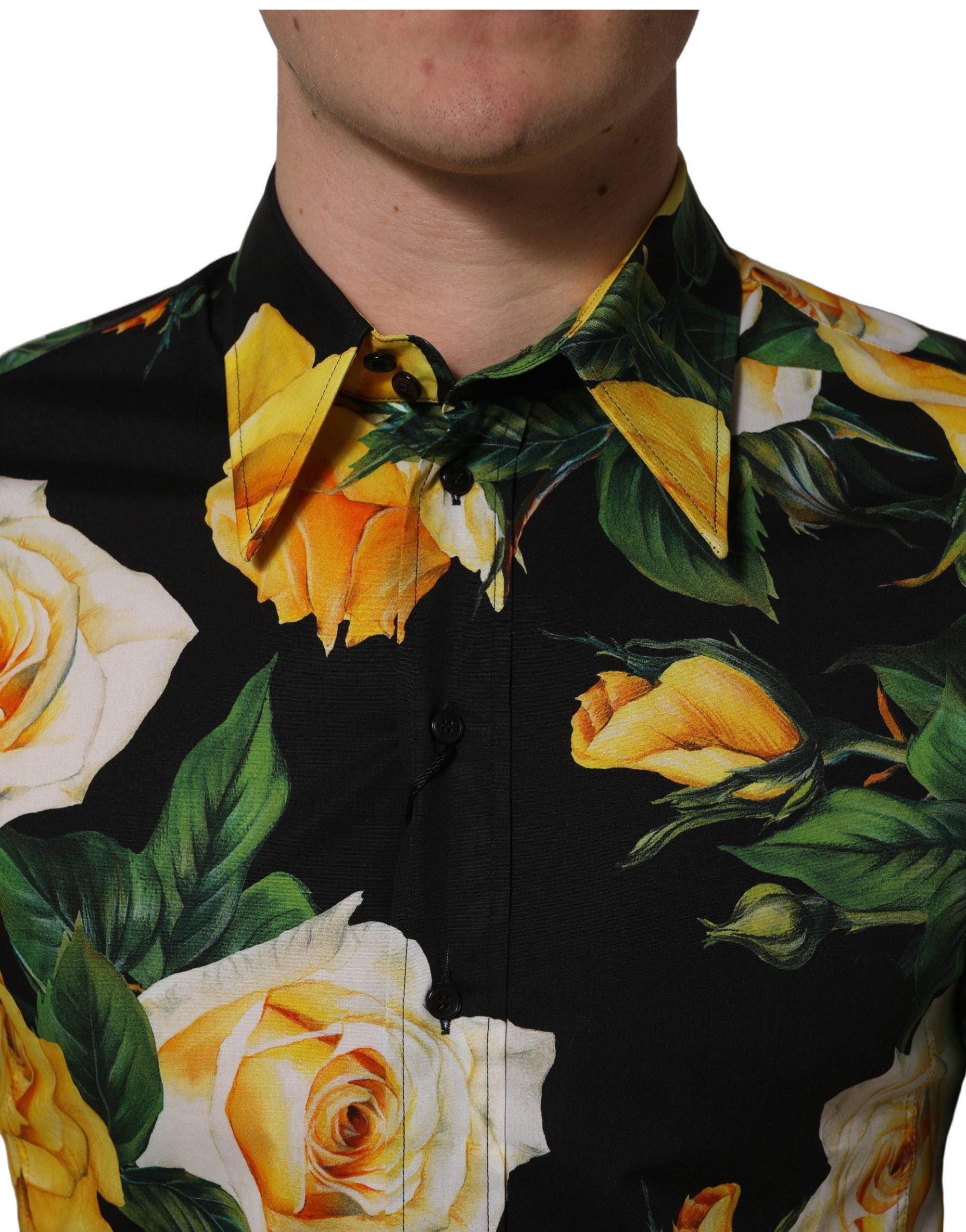 Dolce & Gabbana Black Floral Stretch Cotton SICILIA Fit Dress Shirt Dolce & Gabbana