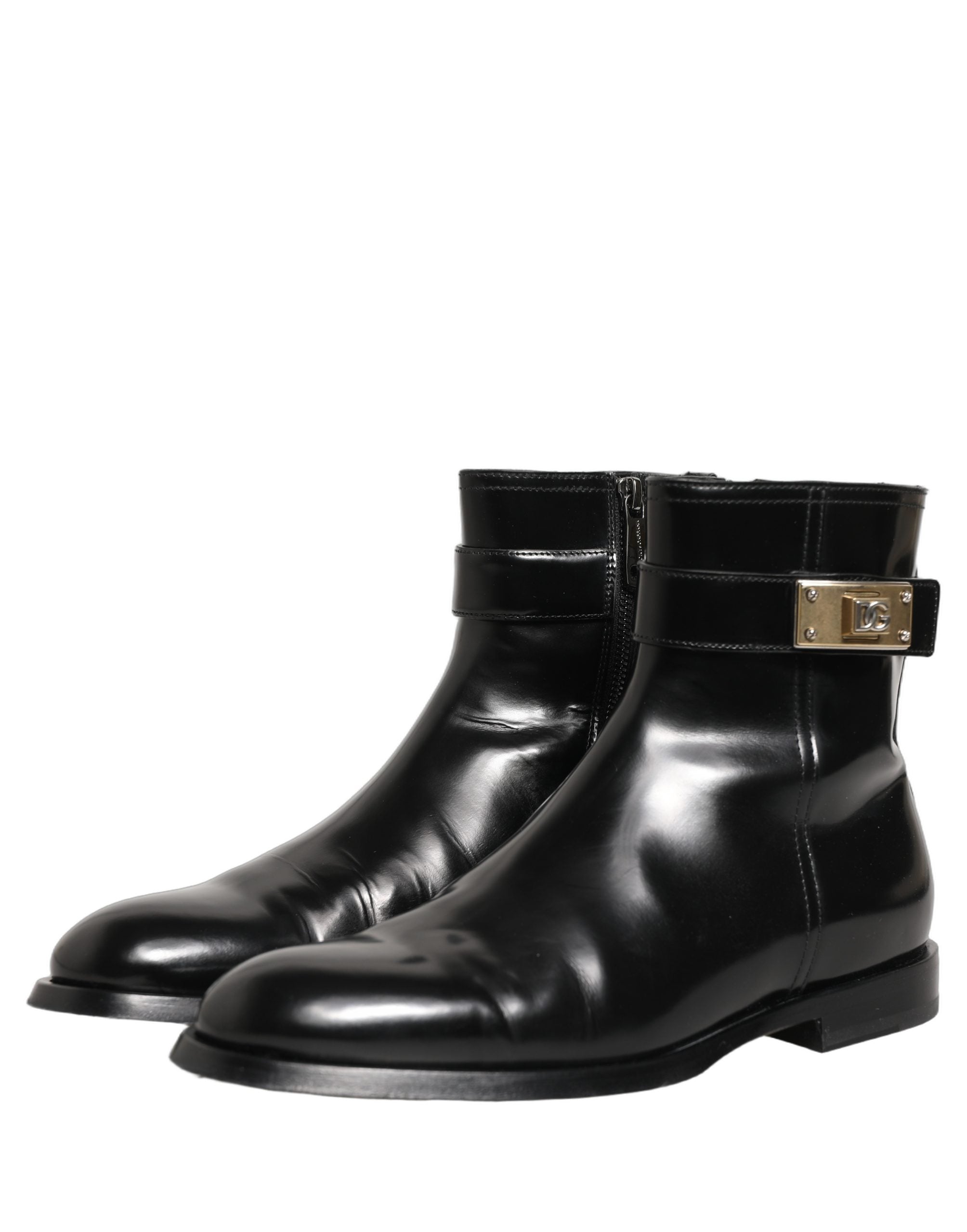 Dolce & Gabbana Black Leather Logo Buckle Mid Calf Boots Shoes Dolce & Gabbana