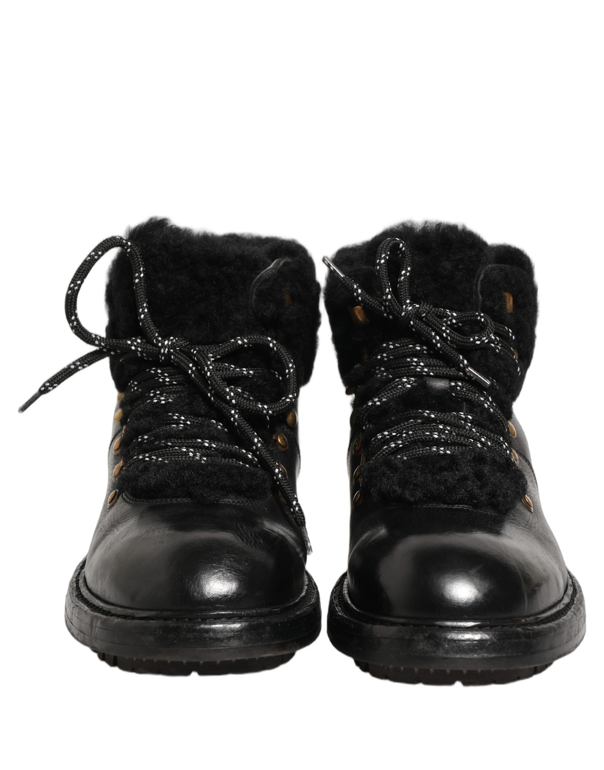Dolce & Gabbana Black Trekking Fur Lace Leather Boots Shoes Dolce & Gabbana