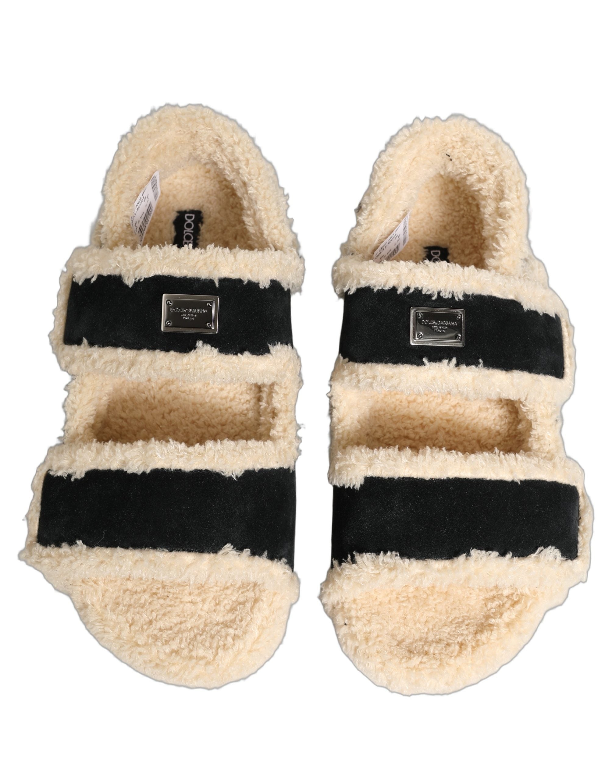 Dolce & Gabbana Beige Black Faux Fur Flats Men Sandals Shoes Dolce & Gabbana