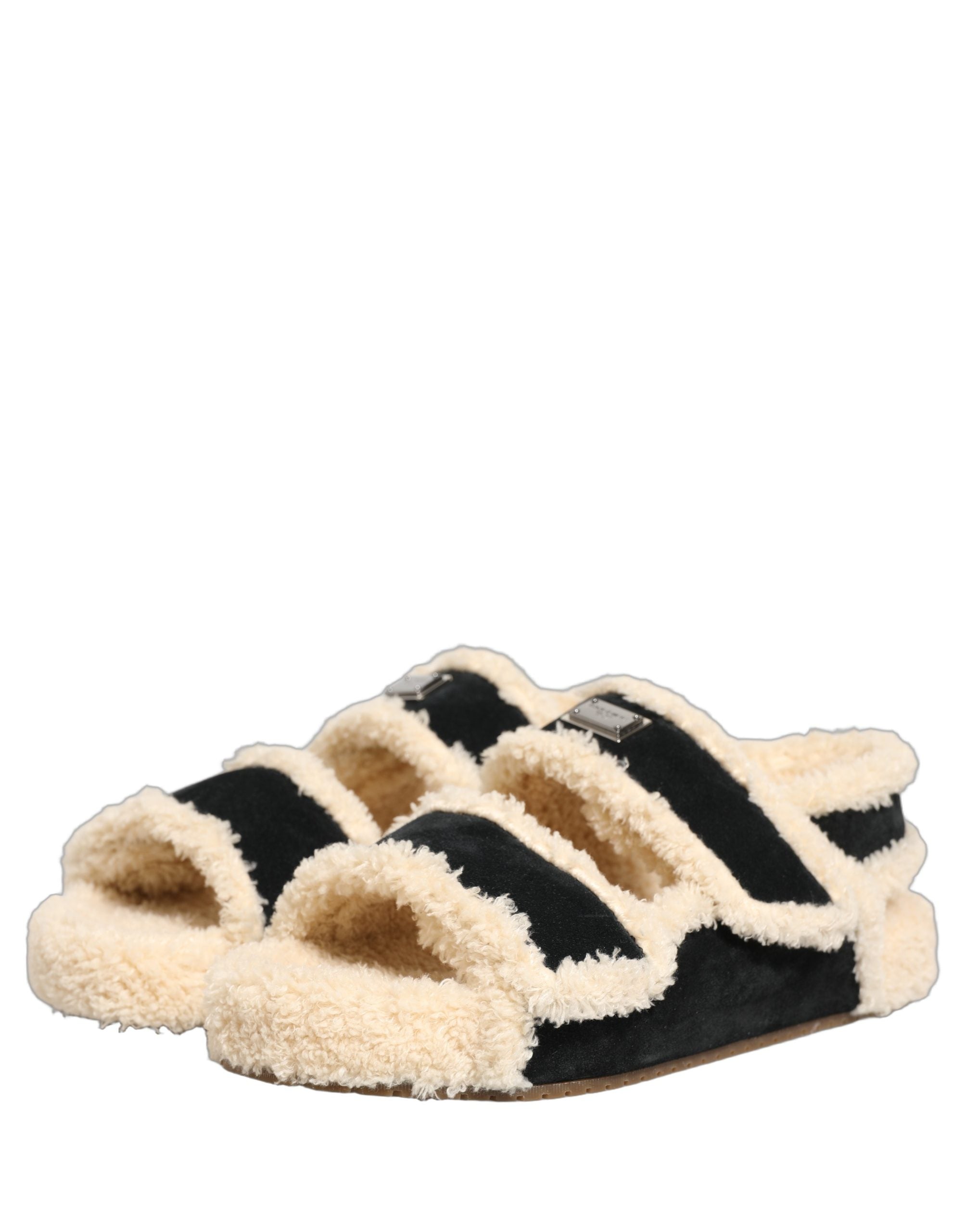 Dolce & Gabbana Beige Black Faux Fur Flats Men Sandals Shoes Dolce & Gabbana