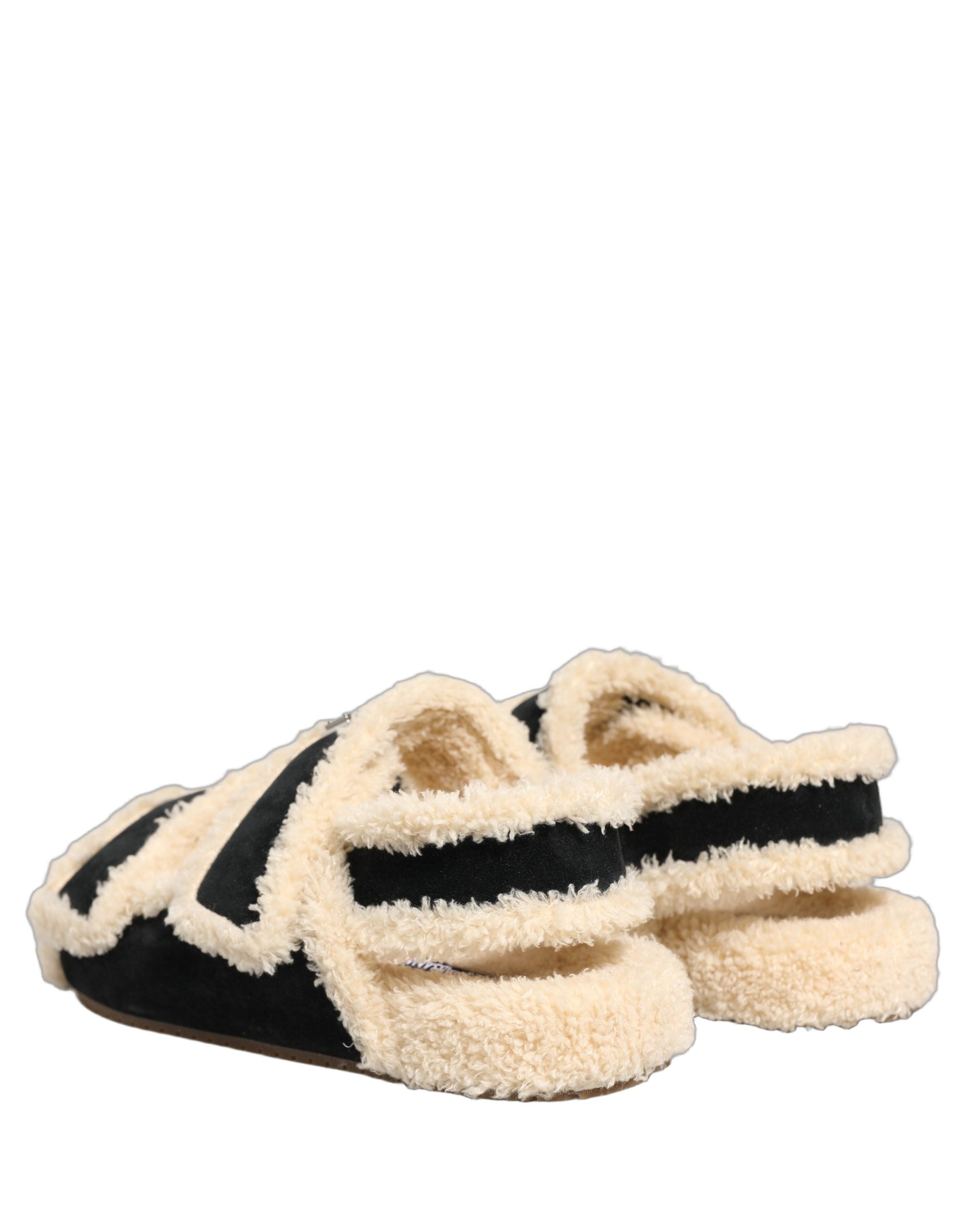 Dolce & Gabbana Beige Black Faux Fur Flats Men Sandals Shoes Dolce & Gabbana