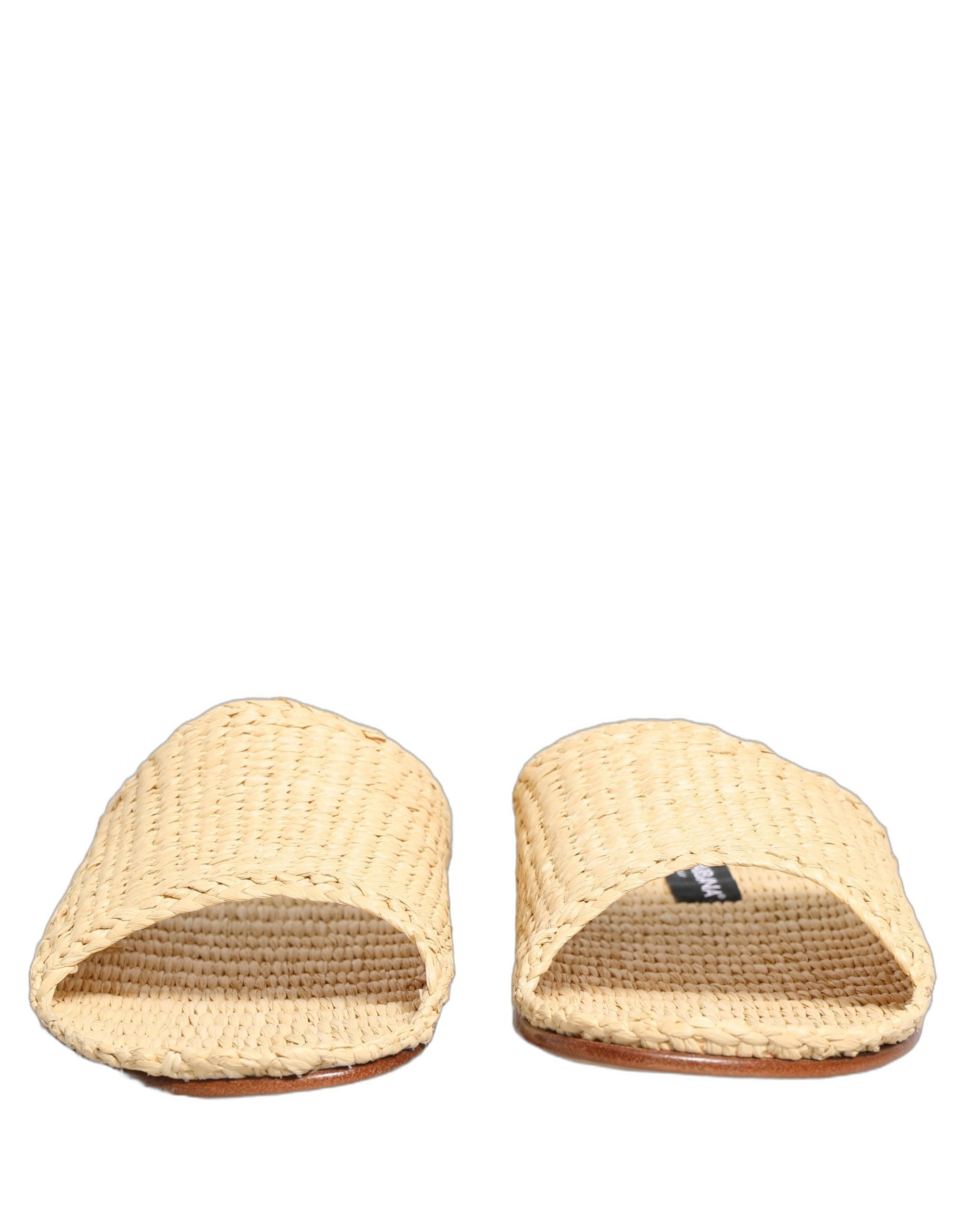 Dolce & Gabbana Beige Straw Raffia Slides Sandals Flats Shoes Dolce & Gabbana