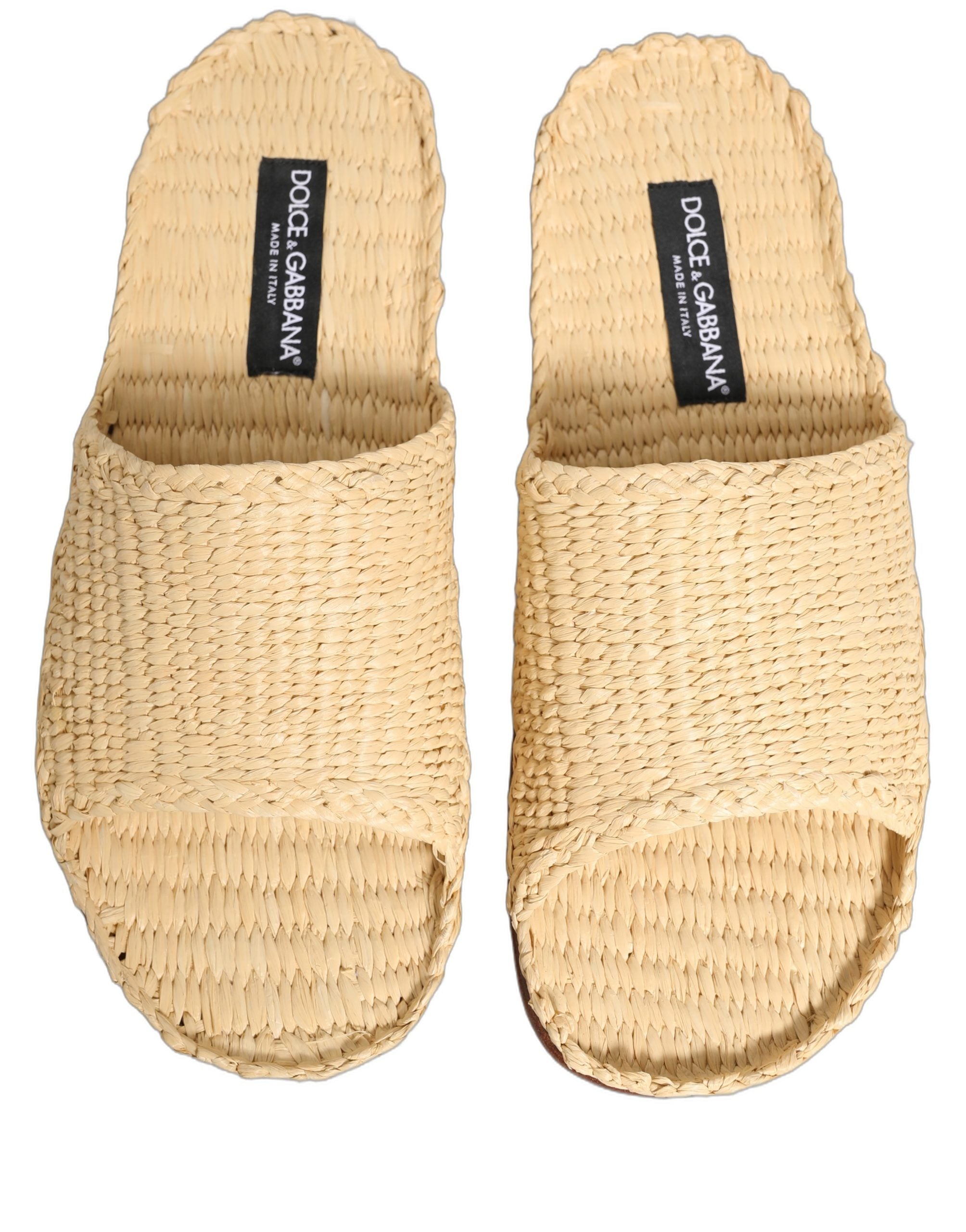 Dolce & Gabbana Beige Straw Raffia Slides Sandals Flats Shoes Dolce & Gabbana