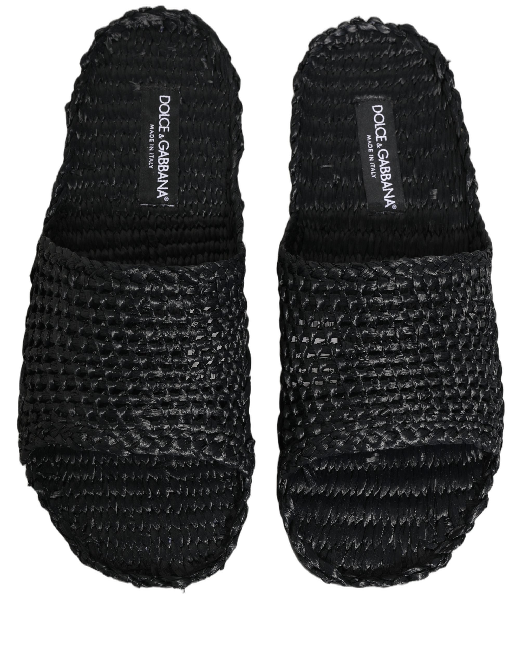 Dolce & Gabbana Black Straw Raffia Slides Sandals Flats Shoes Dolce & Gabbana