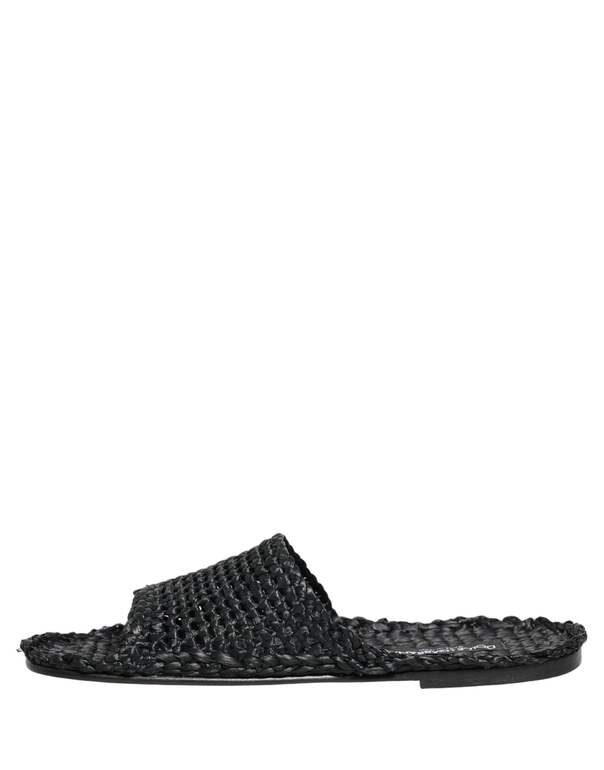 Dolce & Gabbana Black Straw Raffia Slides Sandals Flats Shoes Dolce & Gabbana