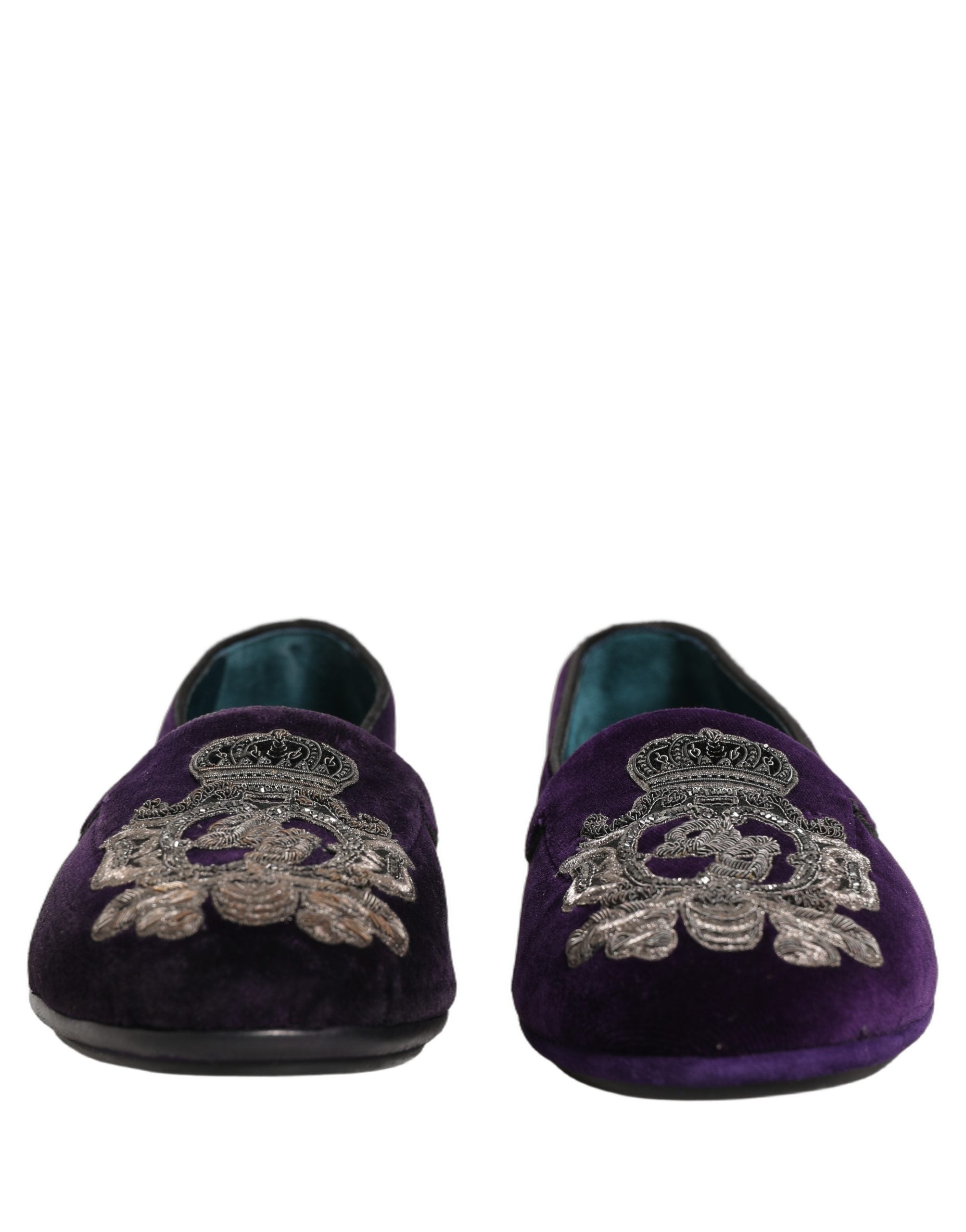 Dolce & Gabbana Purple Velvet Crown Embroidery Loafers Shoes Dolce & Gabbana