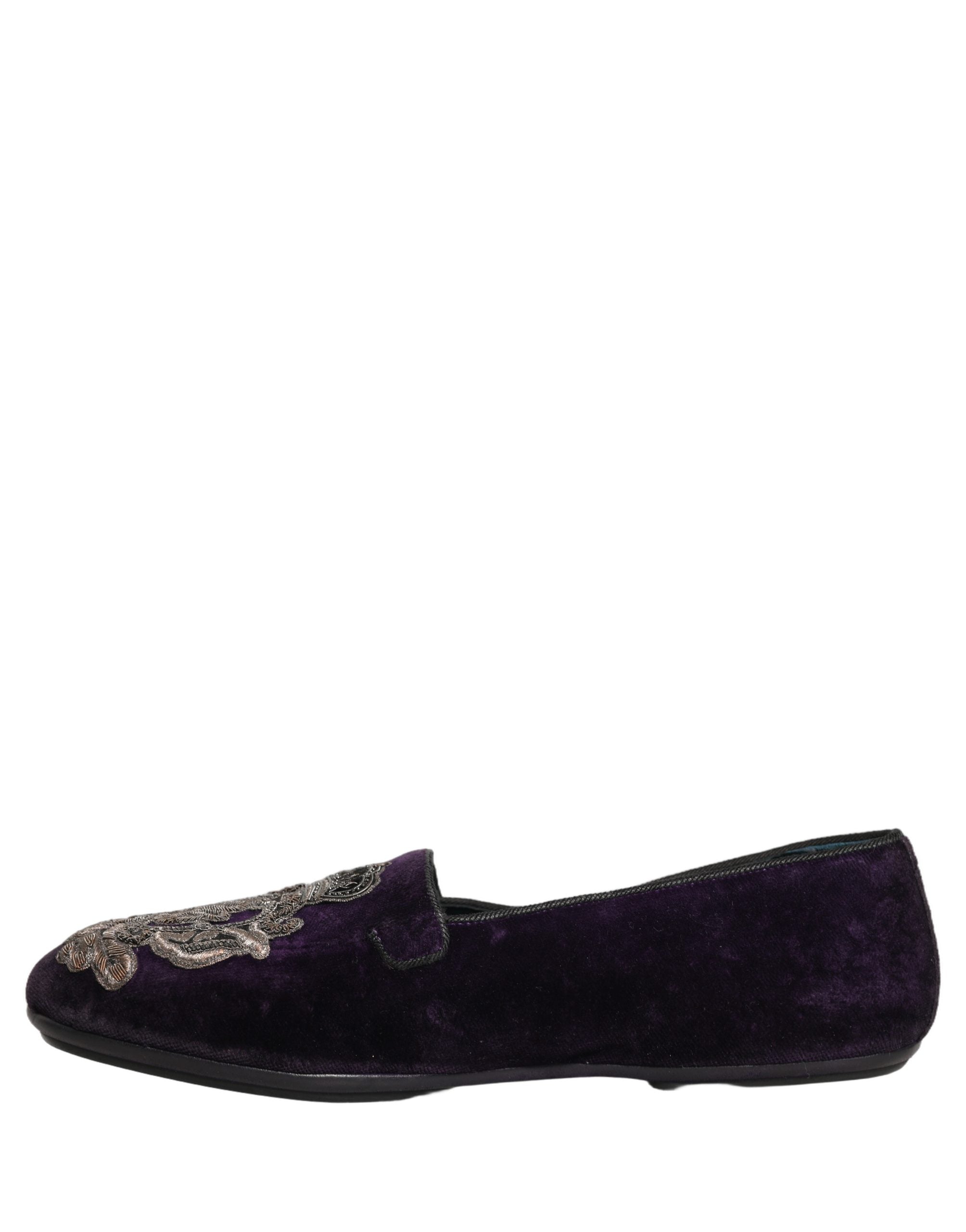 Dolce & Gabbana Purple Velvet Crown Embroidery Loafers Shoes Dolce & Gabbana