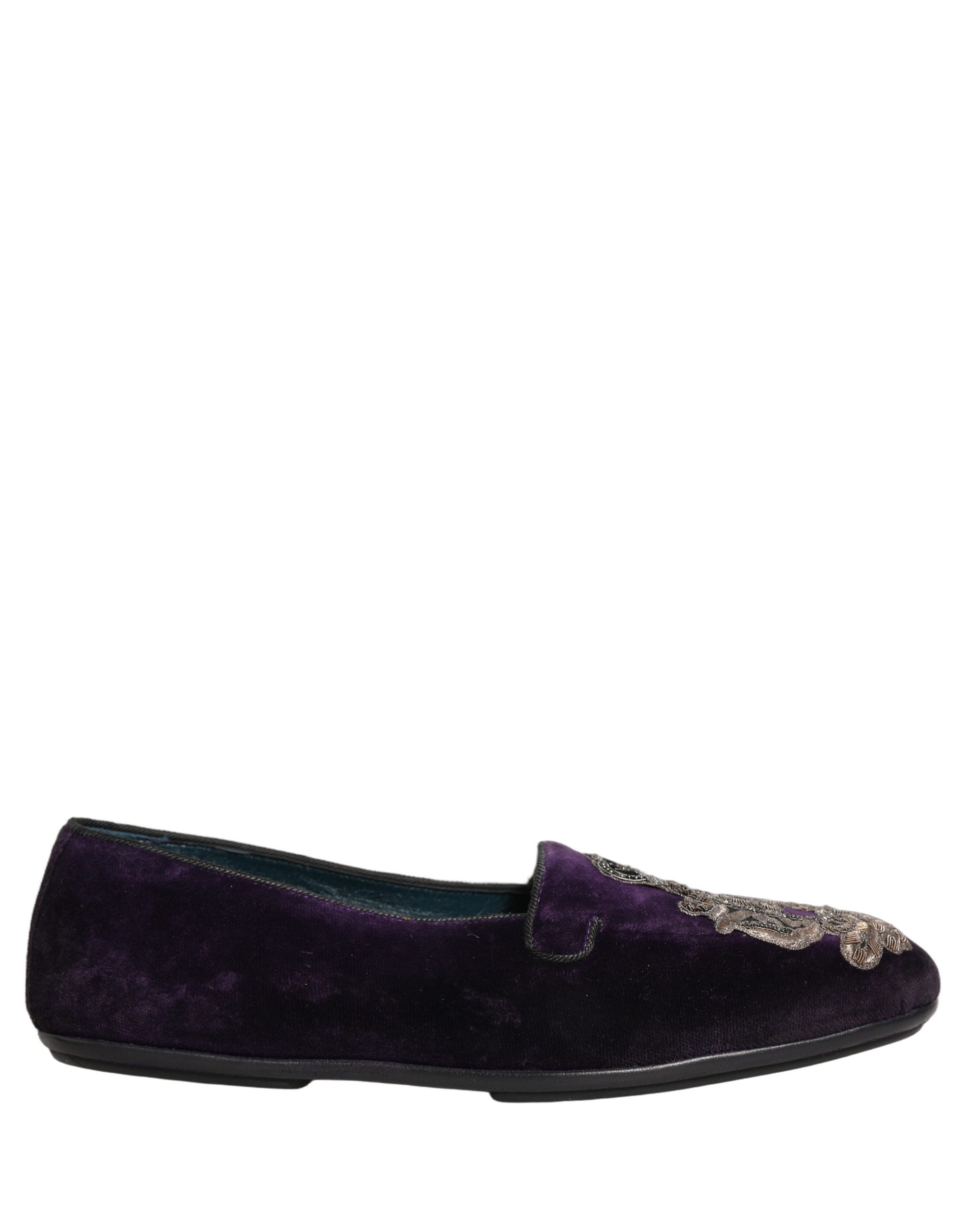 Dolce & Gabbana Purple Velvet Crown Embroidery Loafers Shoes Dolce & Gabbana