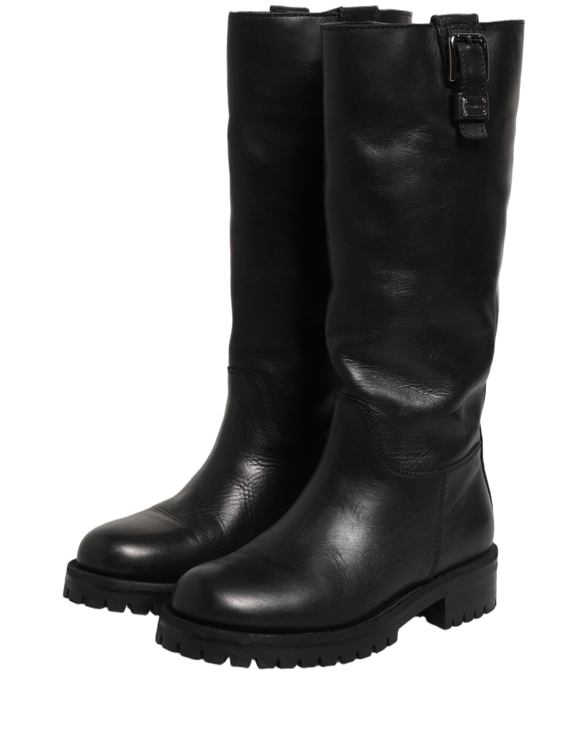 Dolce & Gabbana Black Leather Buckle Detail Mid Calf Boots Shoes Dolce & Gabbana
