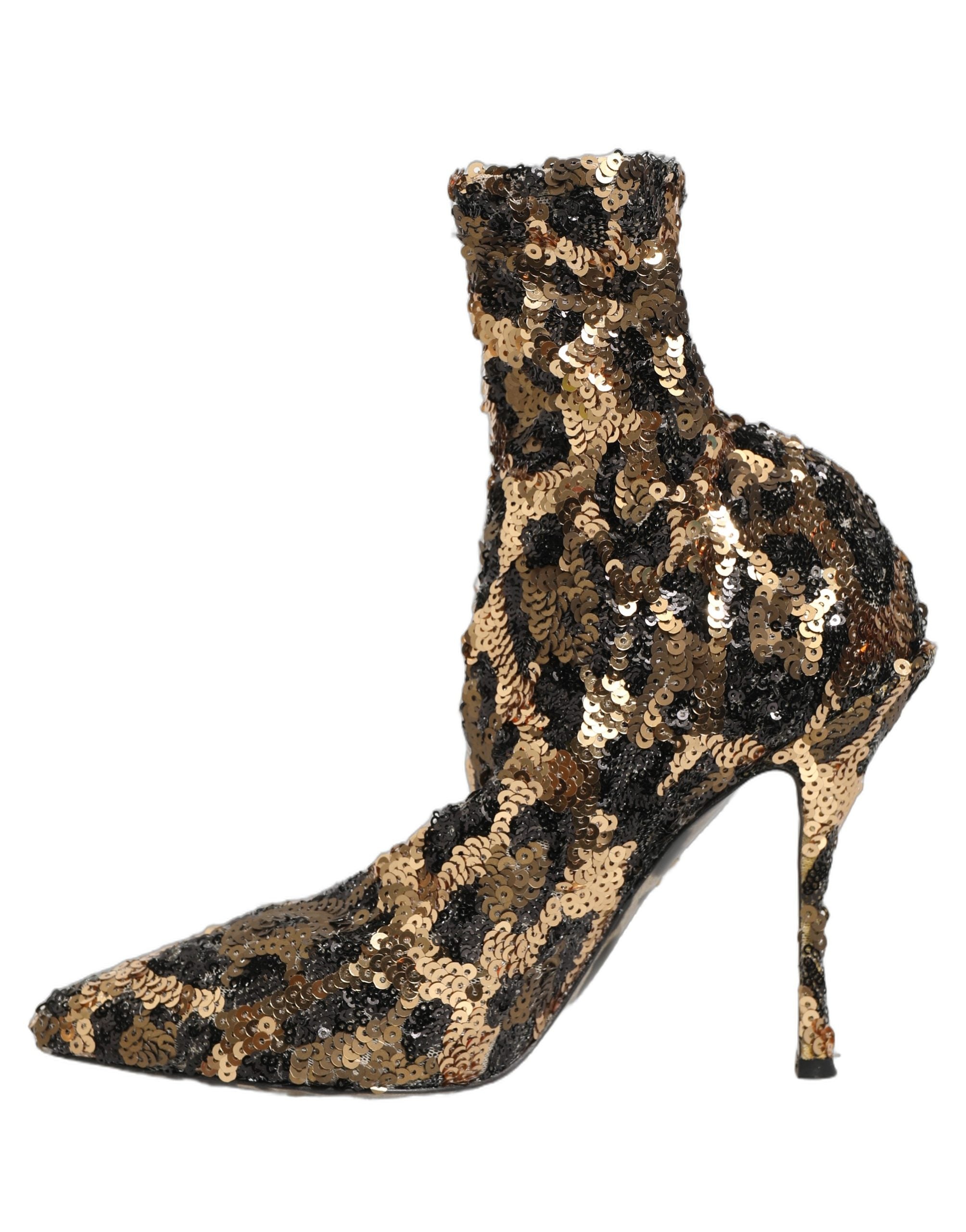 Dolce & Gabbana Gold Leopard Sequin Sock Ankle Boots Shoes Dolce & Gabbana
