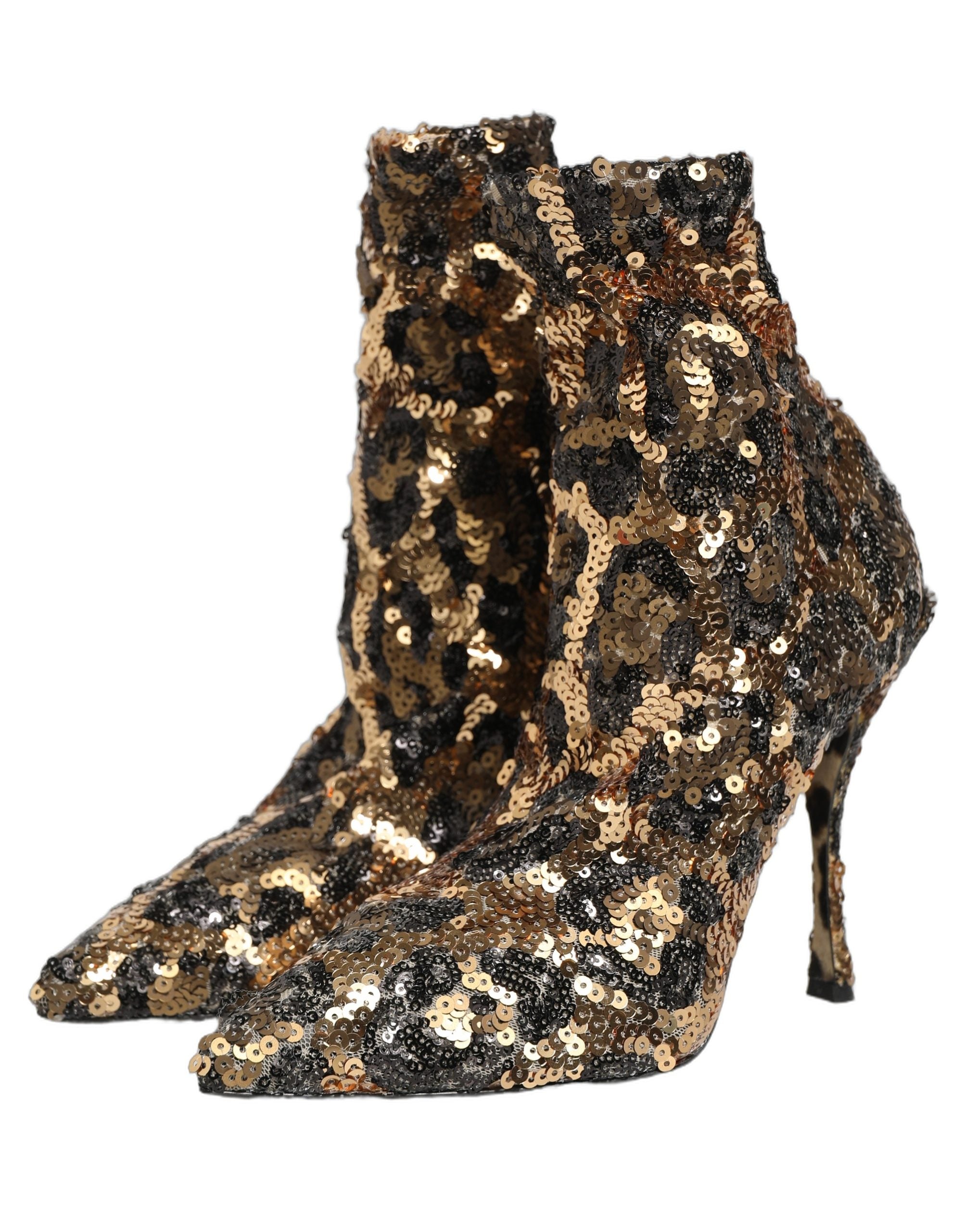 Dolce & Gabbana Gold Leopard Sequin Sock Ankle Boots Shoes Dolce & Gabbana
