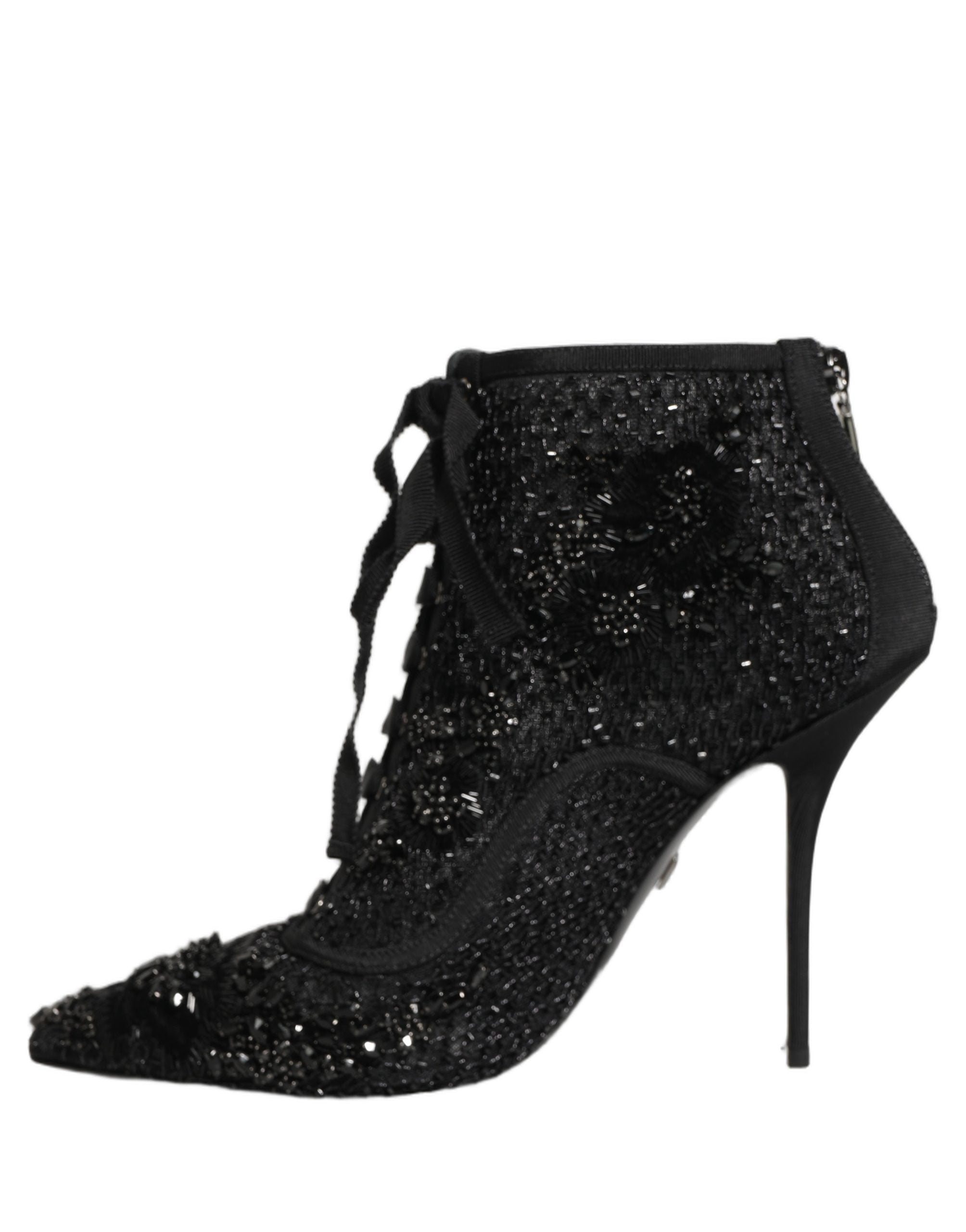 Dolce & Gabbana Black Embellished Mesh Ankle Boots Shoes Dolce & Gabbana