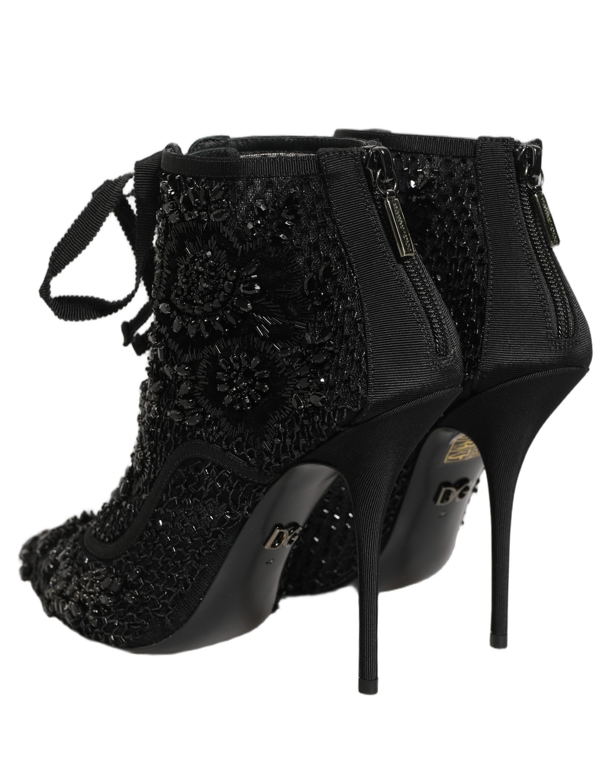 Dolce & Gabbana Black Embellished Mesh Ankle Boots Shoes Dolce & Gabbana