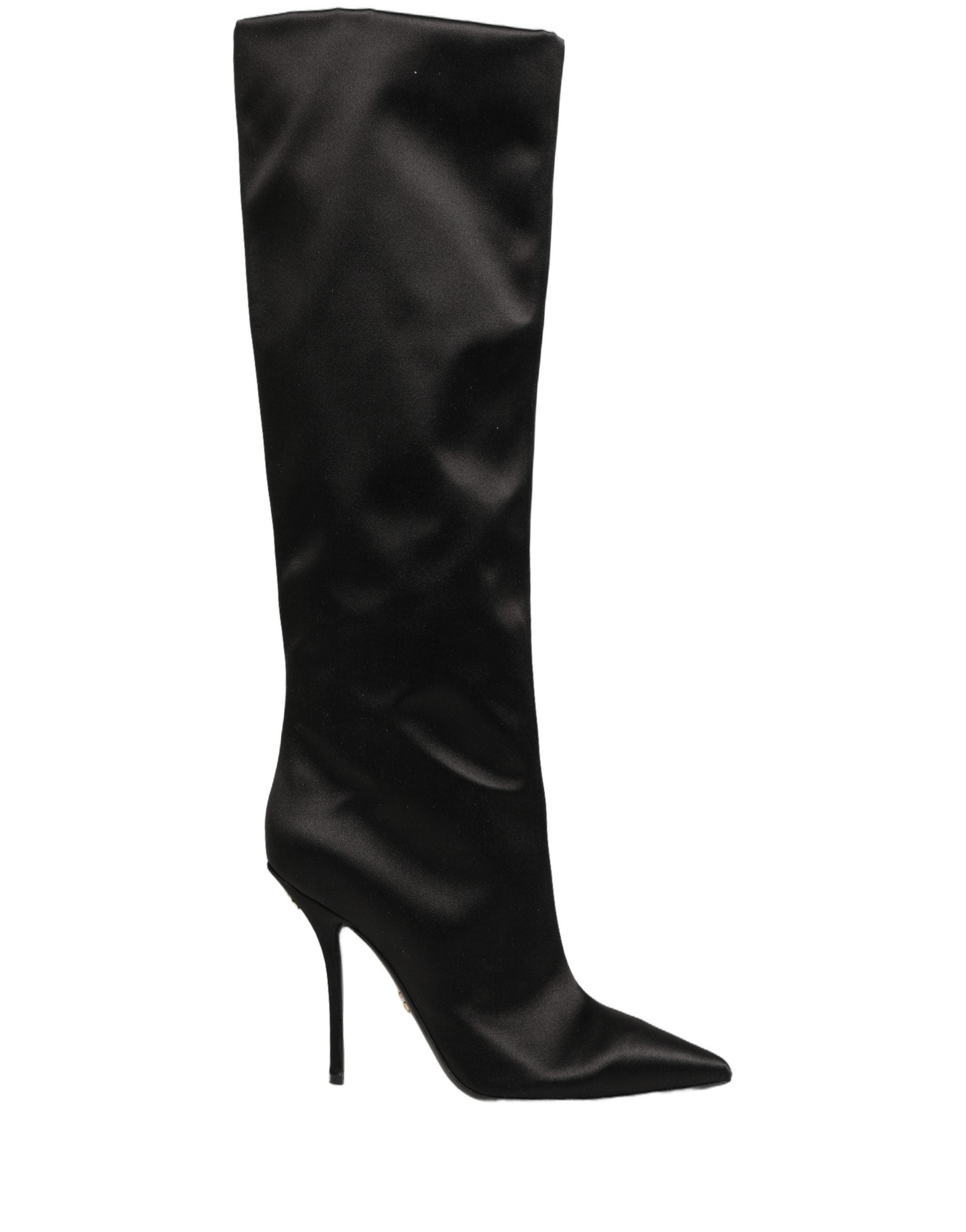Dolce & Gabbana Black Satin Knee High Stiletto Boots Shoes Dolce & Gabbana