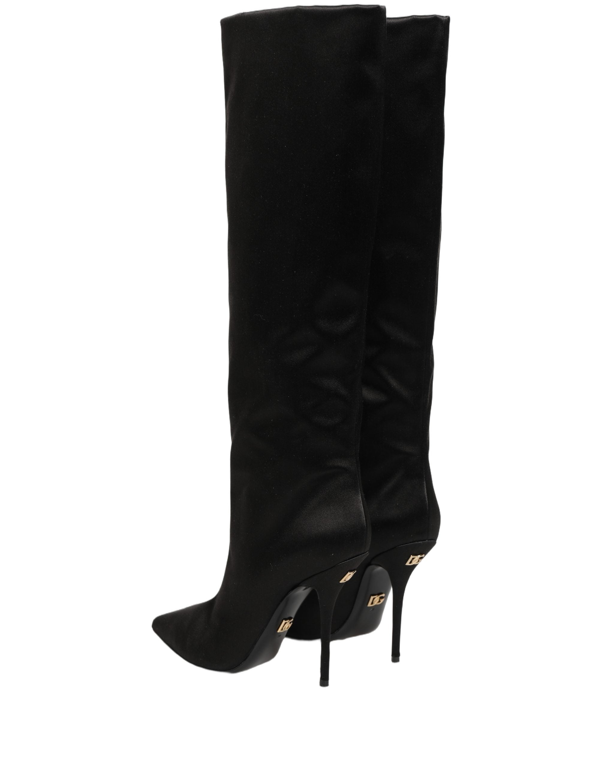 Dolce & Gabbana Black Satin Knee High Stiletto Boots Shoes Dolce & Gabbana