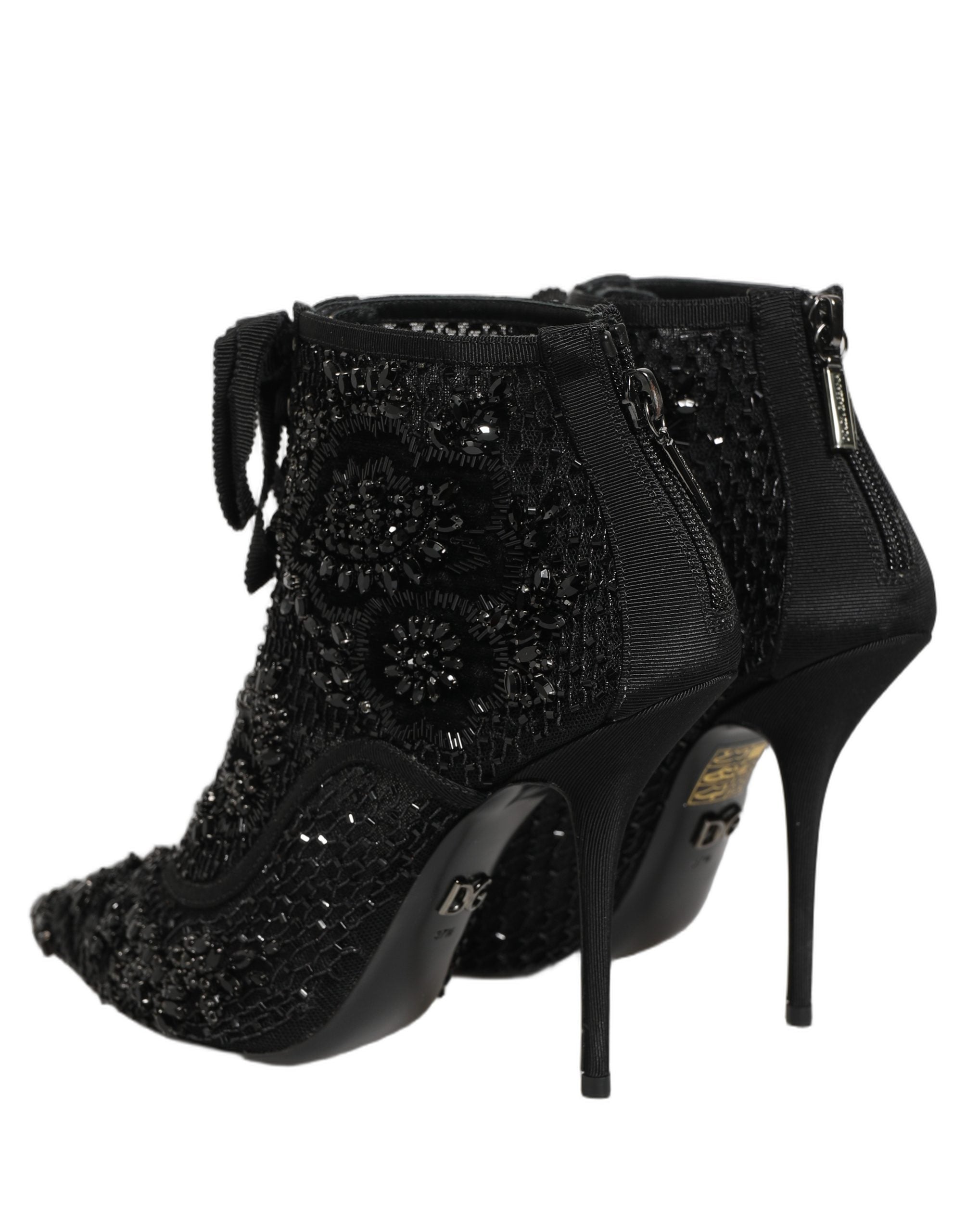 Dolce & Gabbana Black Embellished Mesh Ankle Boots Shoes Dolce & Gabbana