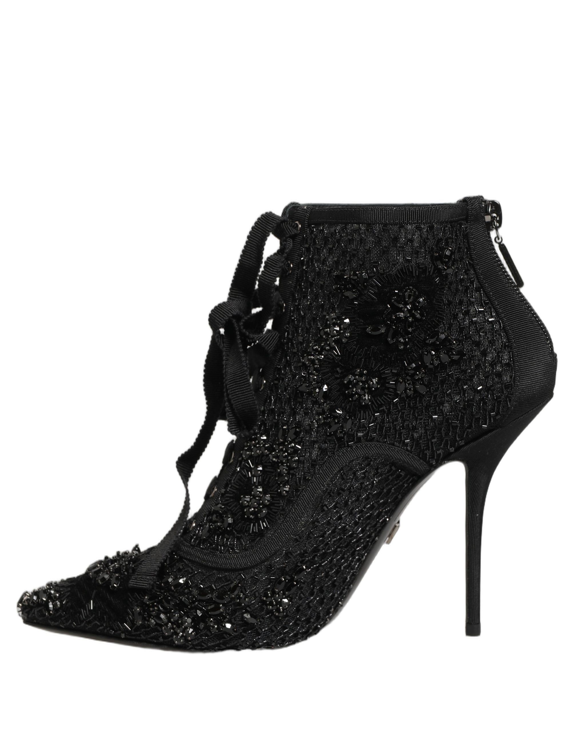 Dolce & Gabbana Black Embellished Mesh Ankle Boots Shoes Dolce & Gabbana