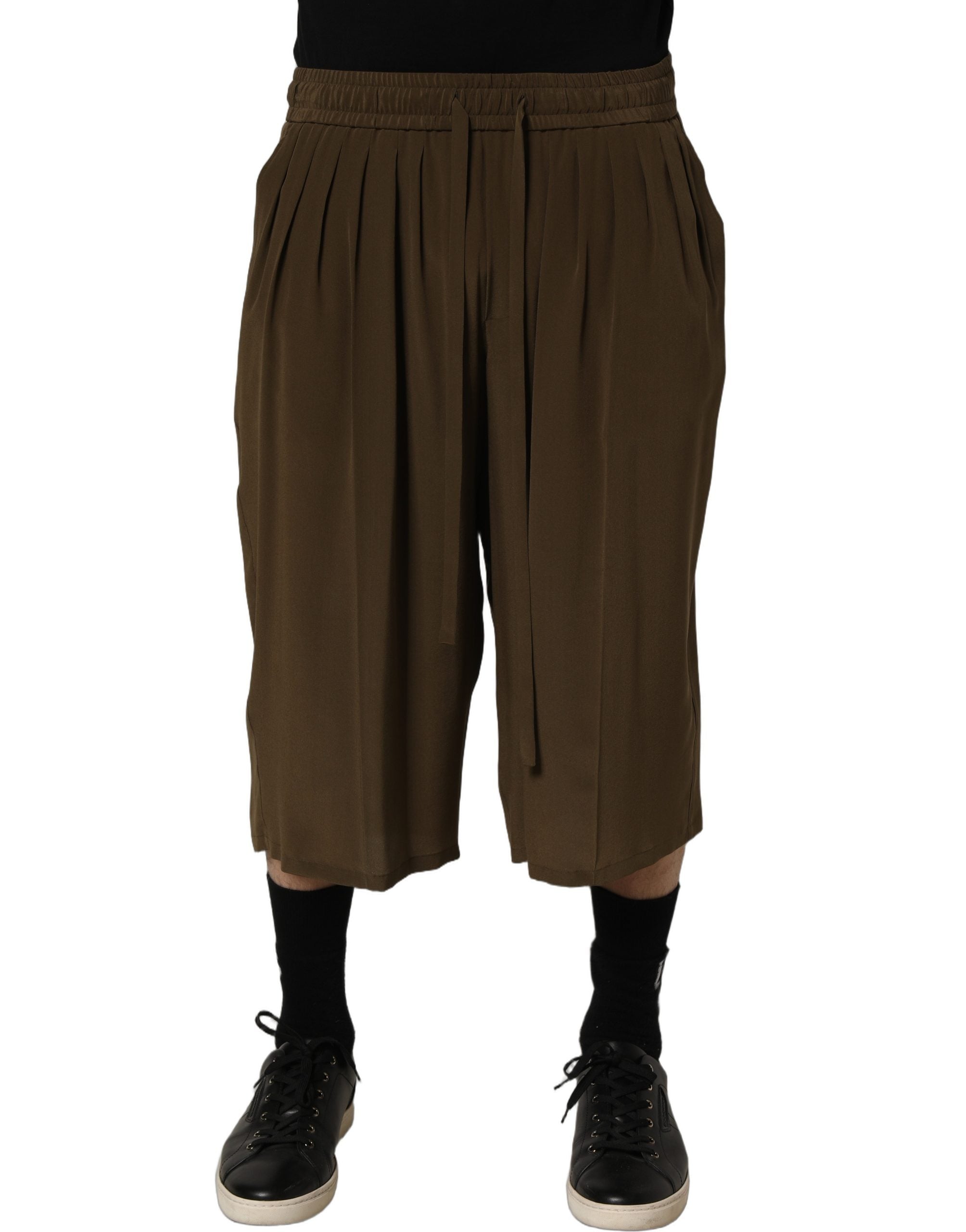 Dolce & Gabbana Brown Silk Mid Waist Pleated Bermuda Shorts Dolce & Gabbana