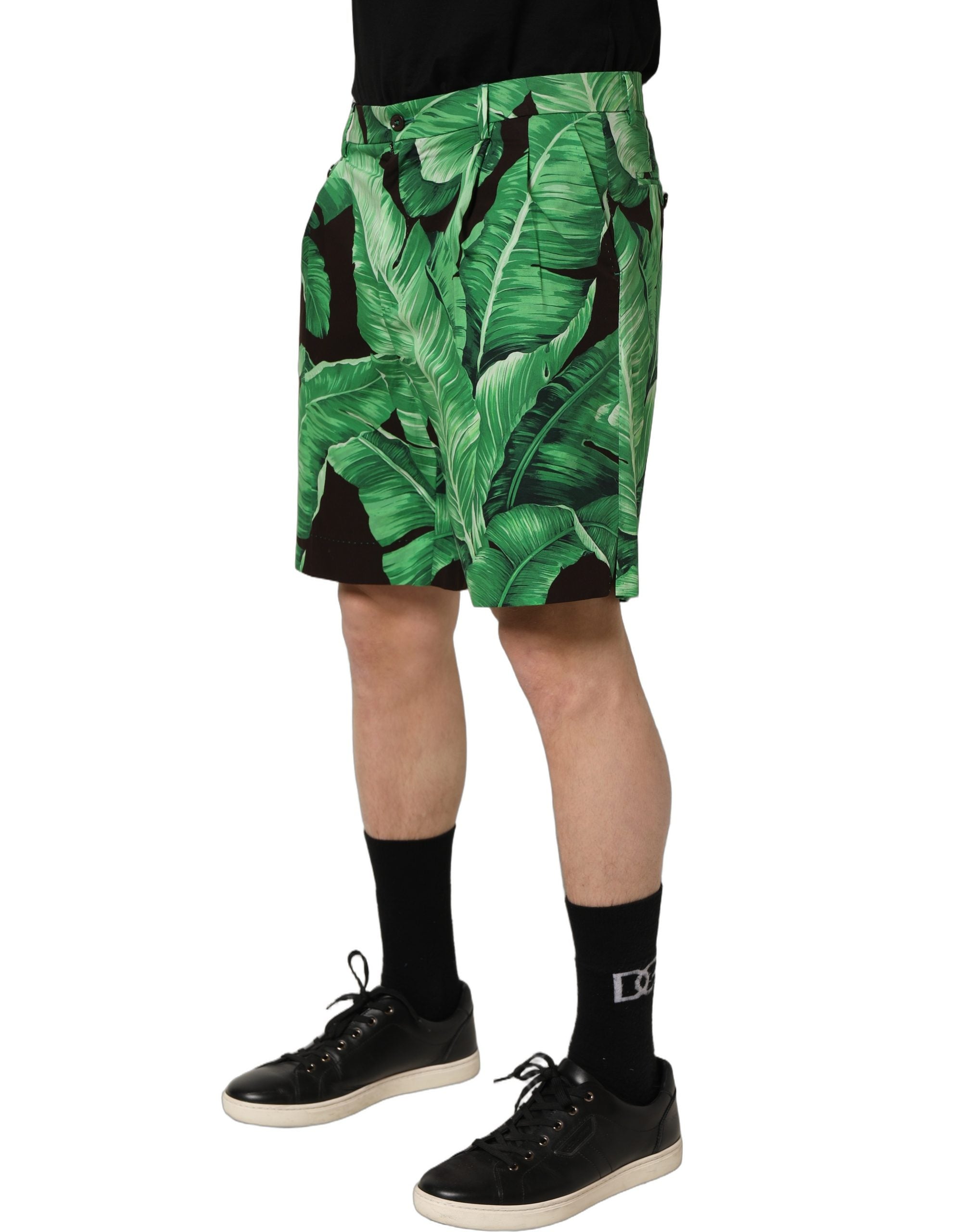 Dolce & Gabbana Black Green Banana Leaf Men Bermuda Shorts Dolce & Gabbana