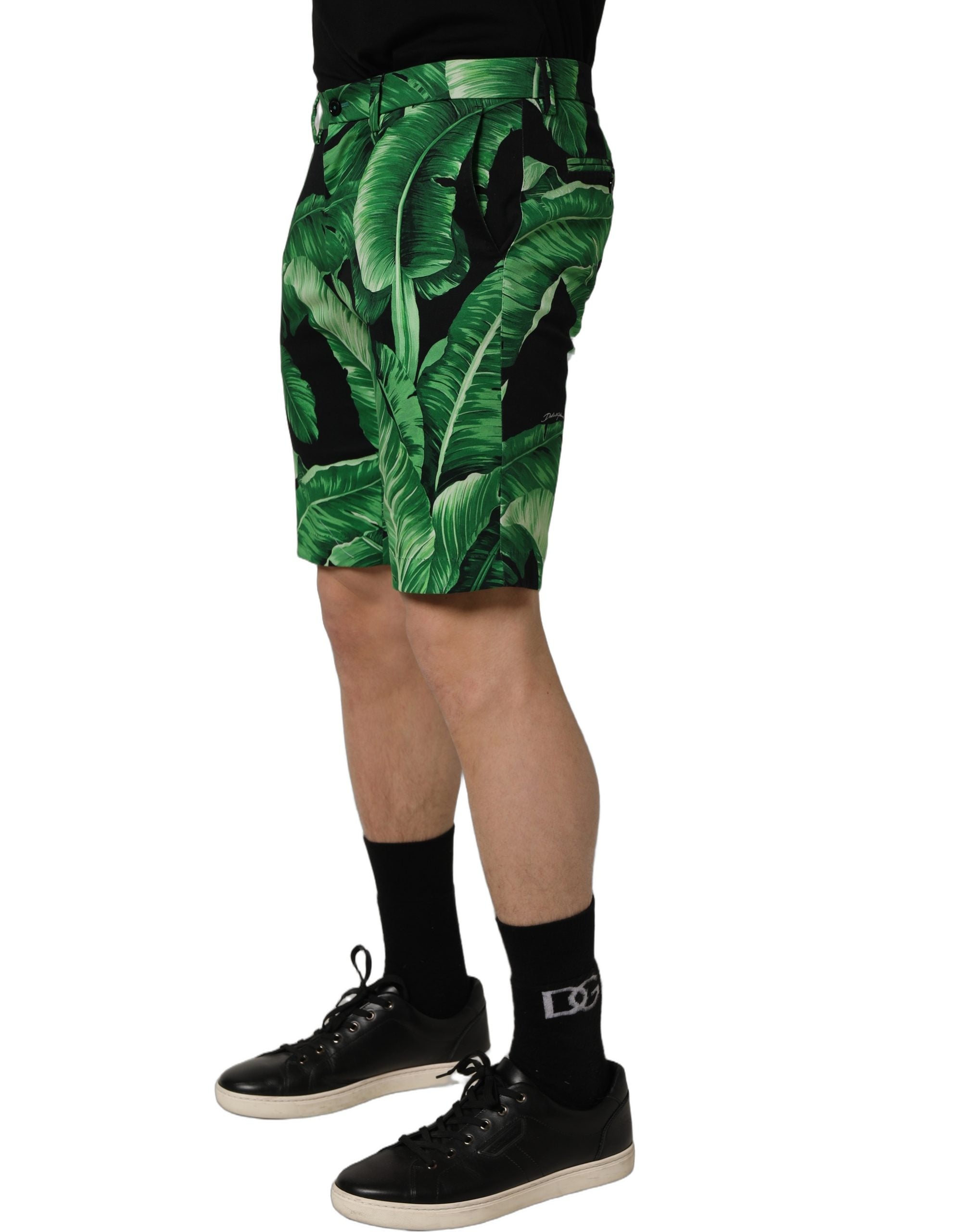 Dolce & Gabbana Black Green Banana Leaf Men Bermuda Shorts Dolce & Gabbana