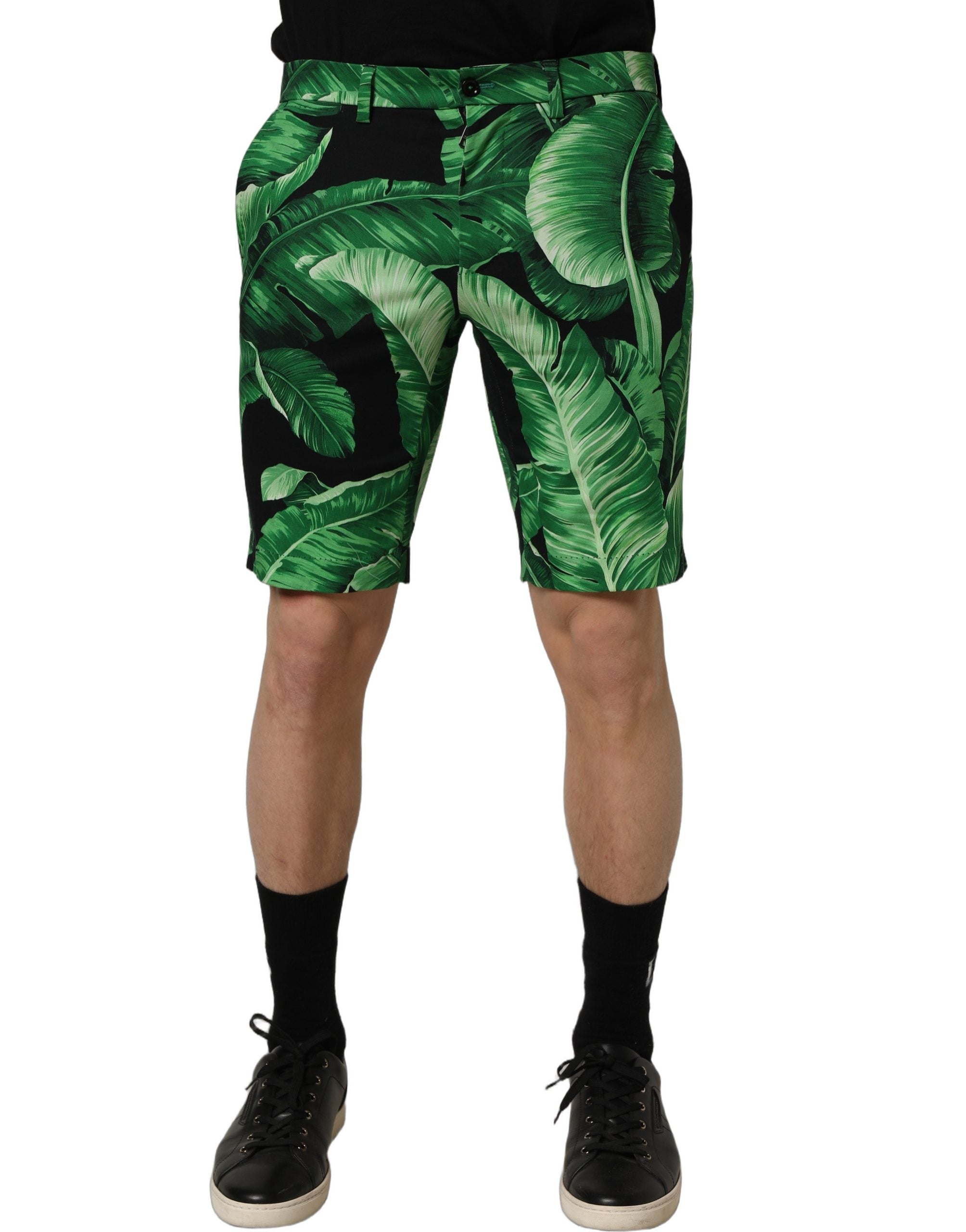 Dolce & Gabbana Black Green Banana Leaf Men Bermuda Shorts Dolce & Gabbana