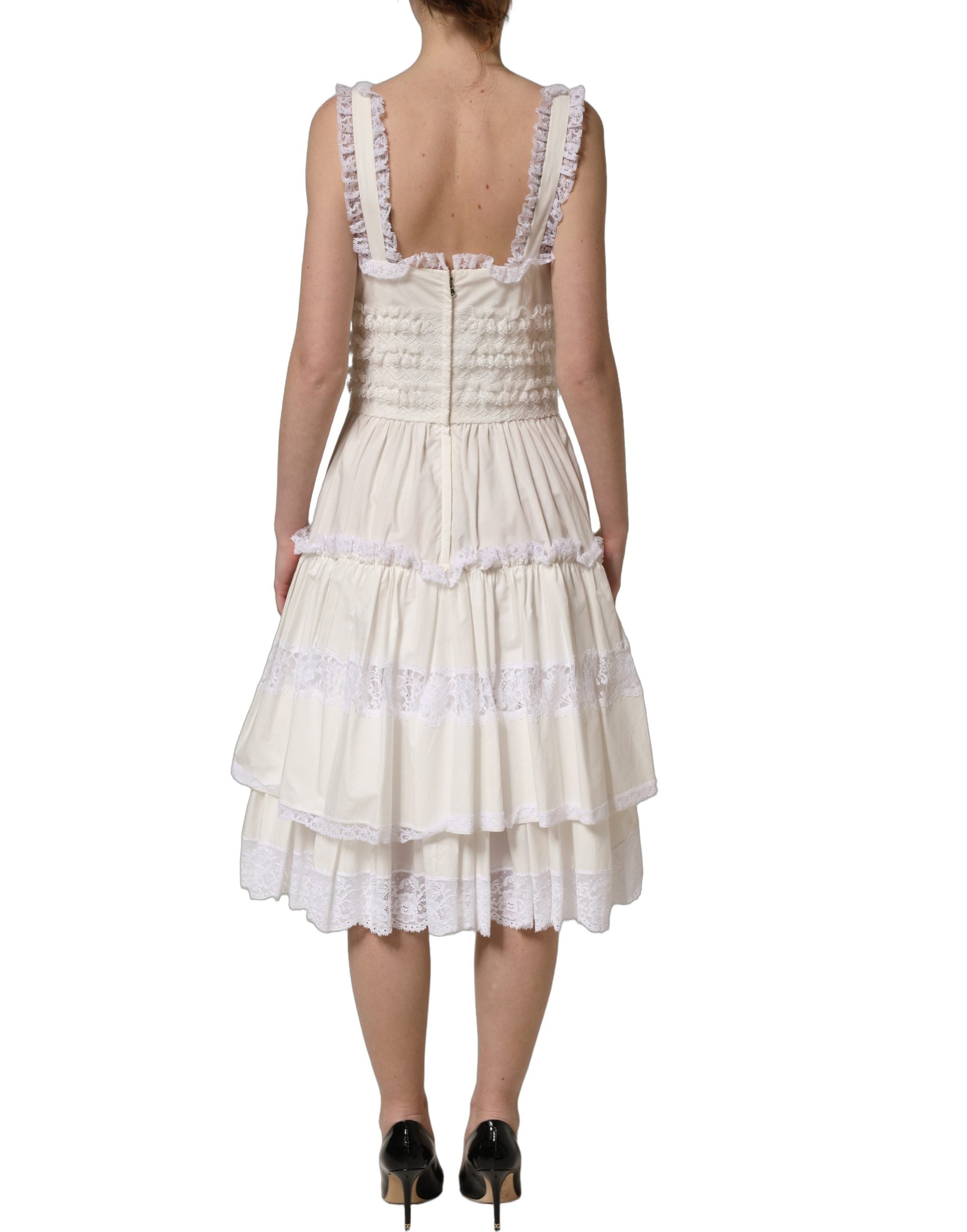 Dolce & Gabbana White Cotton Poplin Ruffled Midi Dress Dolce & Gabbana